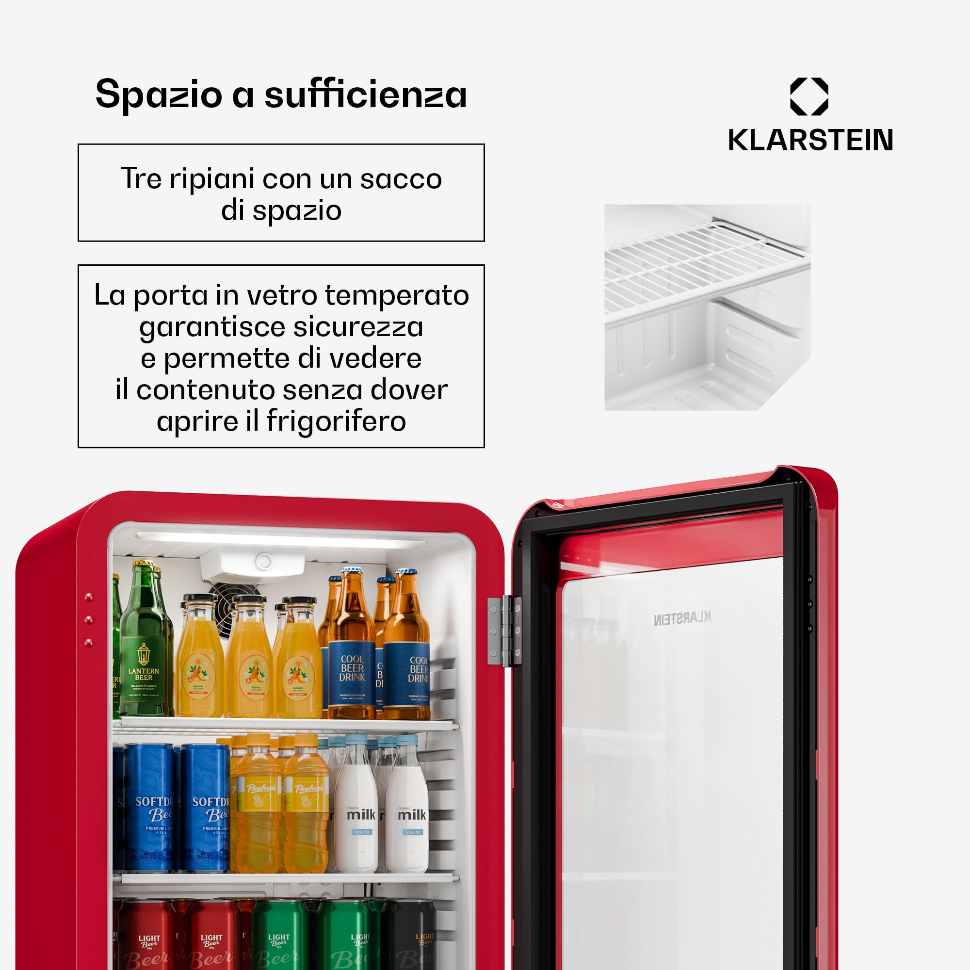 KLARSTEIN Audrey Evo Frigorifero per bevande da 95 L - Frigorifero per bevande con sportello in vetro, luce LED, temperatura regolabile 0-10 °C, 3 ripiani, funzionamento silenzioso