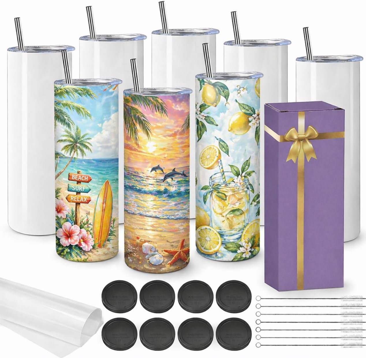 LYCN 8 Pack Sublimation Tumblers Bulk, 20oz Blank Straight Skinny Tumbler with Lids and Straw, Double Wall Insulated Tumbler Cups for Mug Heat Press Sublimation Transfer