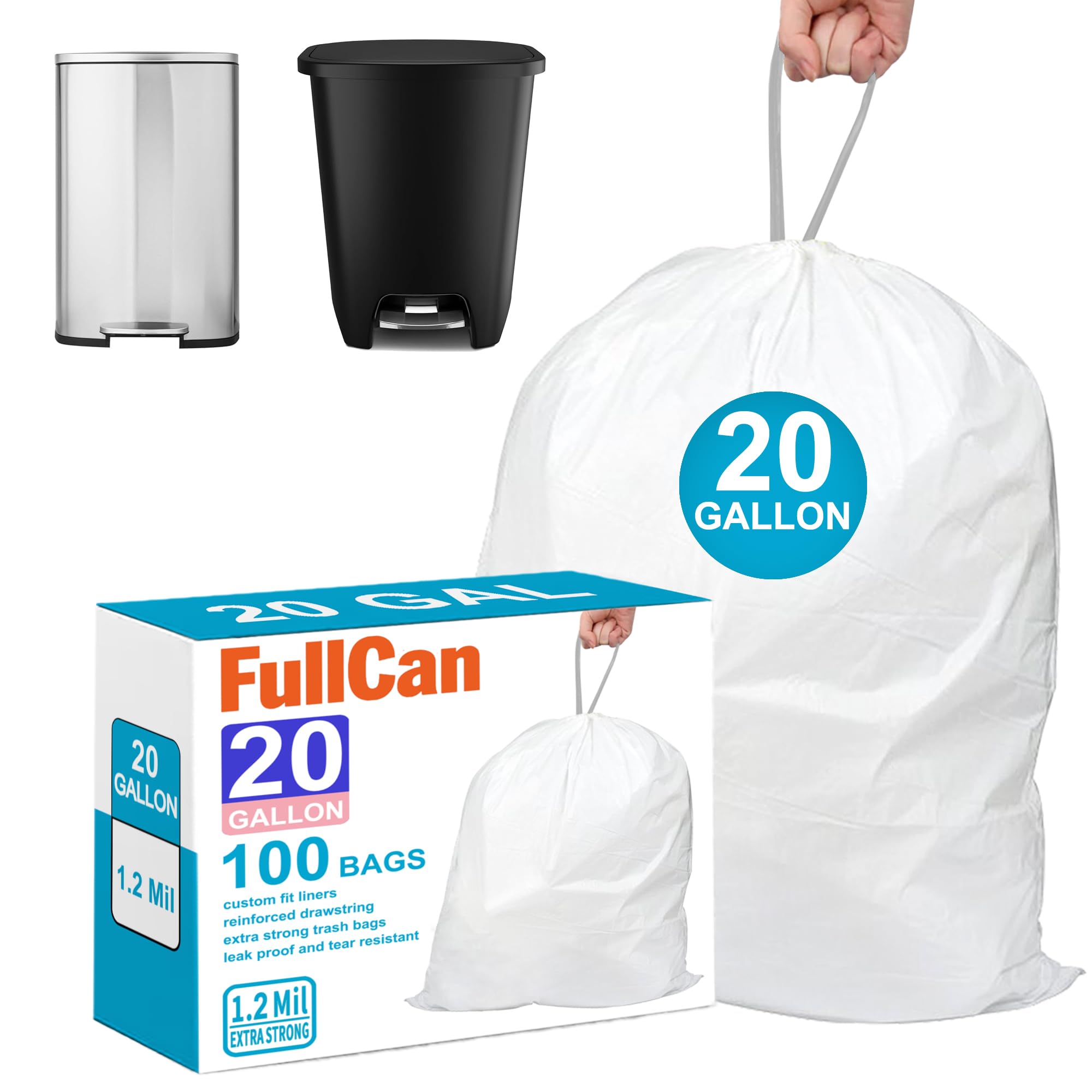 20 Gallon 100 Count Trash Bags Compatible with Glad 20 Gallon Trash Can 1.2 Mil THICK White with Reinforced Drawstring Tear-Resistant GRAND SAVE!