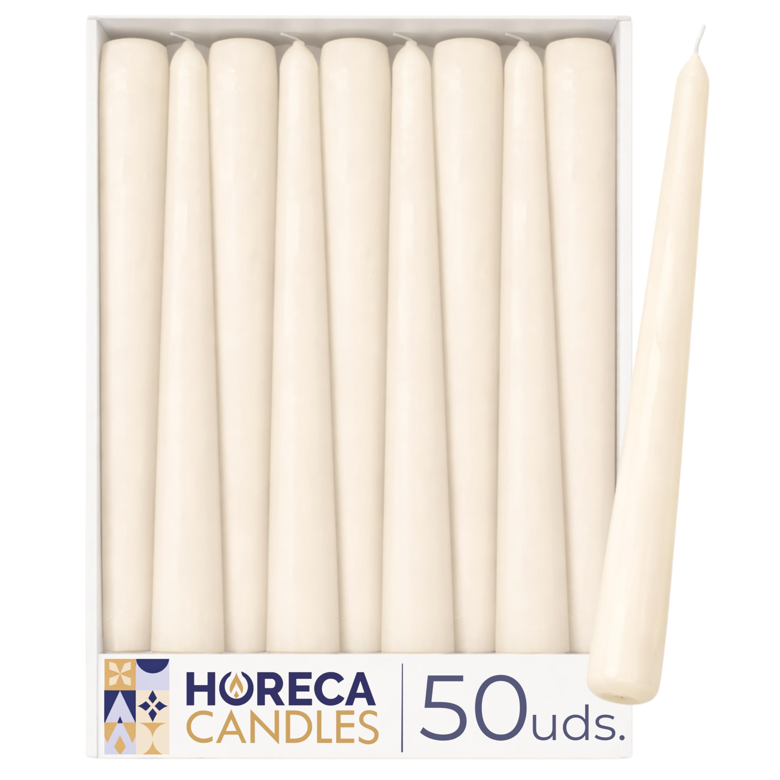 Horeca Candles - Velas Cónicas - Marfil - 50 Unidades - Ø 2.3 x 25 cm - Larga Duración 7,5 Horas - Sin Perfume - Velas decorativas para el Hogar, Bodas y Eventos