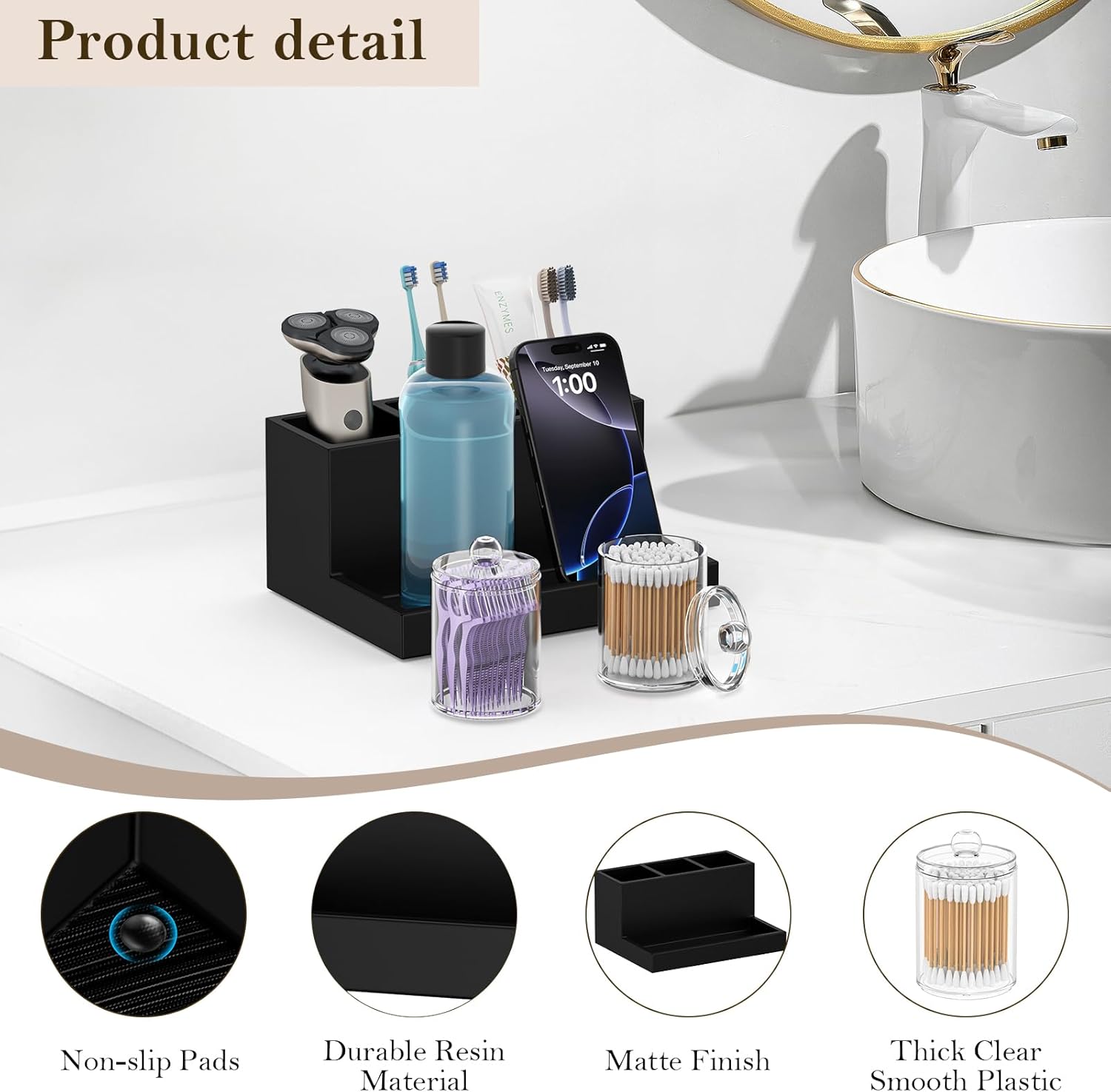 Toothbrush Holder for Bathroom with 2PCS Qtip Holder Dispenser, 3 Slot Bathroom Accessories Holder Floss Cotton Swab Holder Bathroom Vanity Tray for Oral Care Comestic Organizer Counter Storage, Black