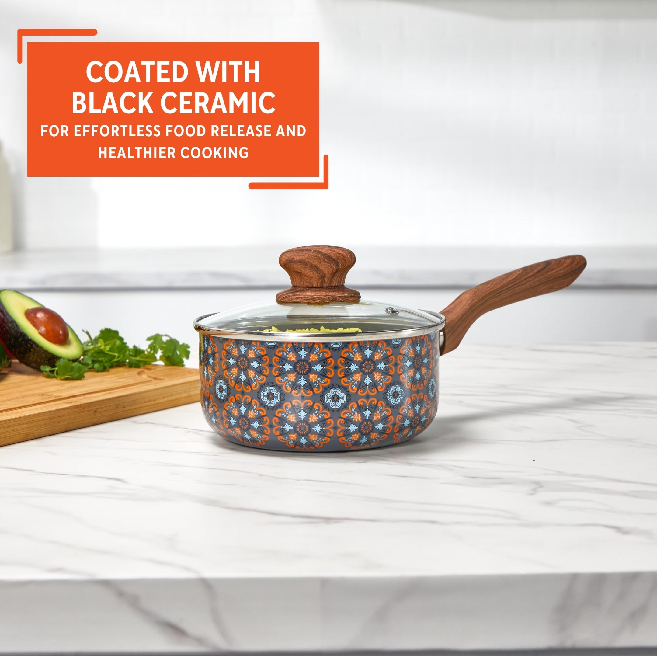 IMUSA Talavera - Casseruola antiaderente con coperchio, effetto legno e manico morbido, rivestimento in ceramica