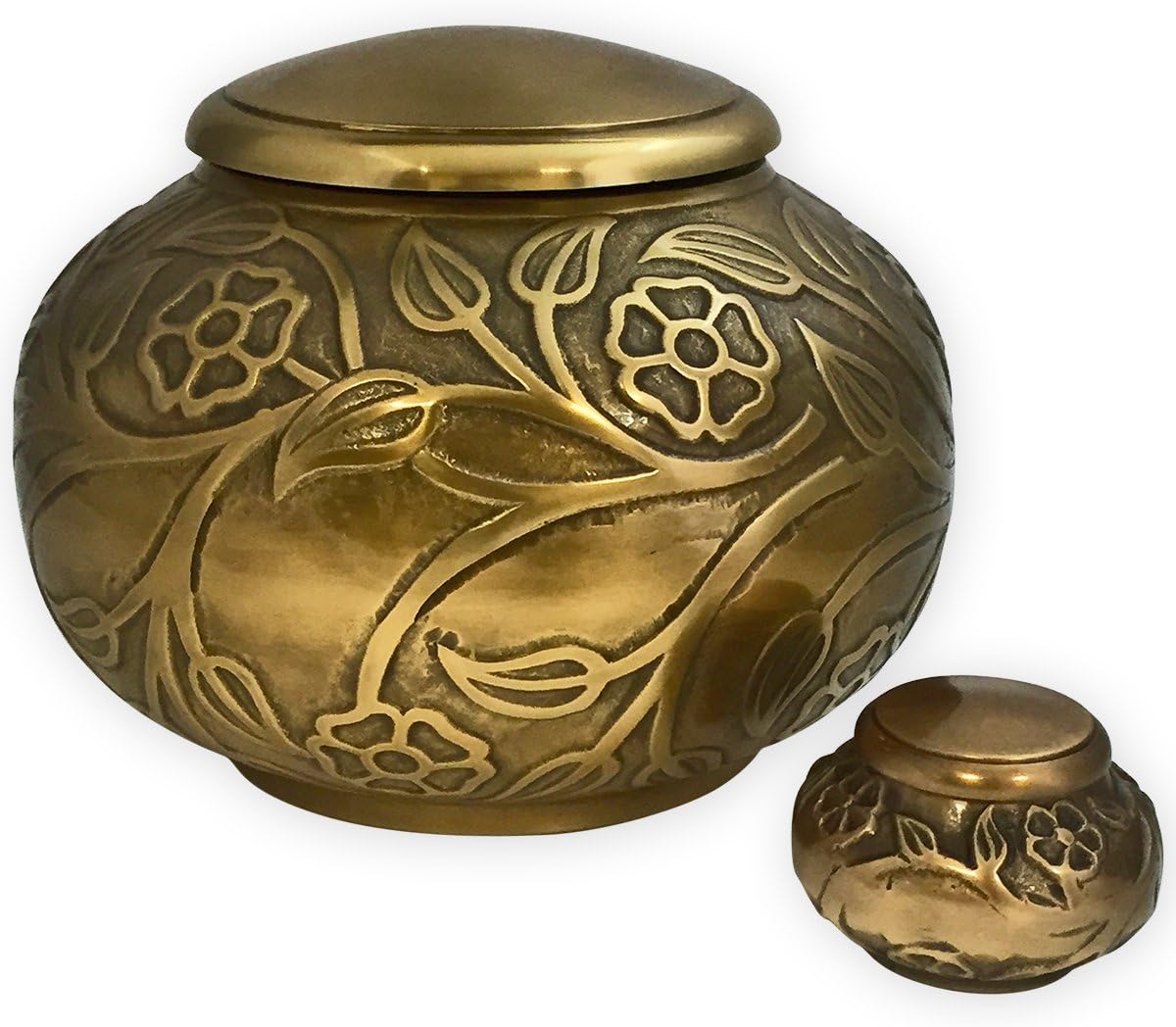 Florence Antiqued Brass Adult Cremation Urn | Unique Funeral Urn with Raised Floral Pattern | Large