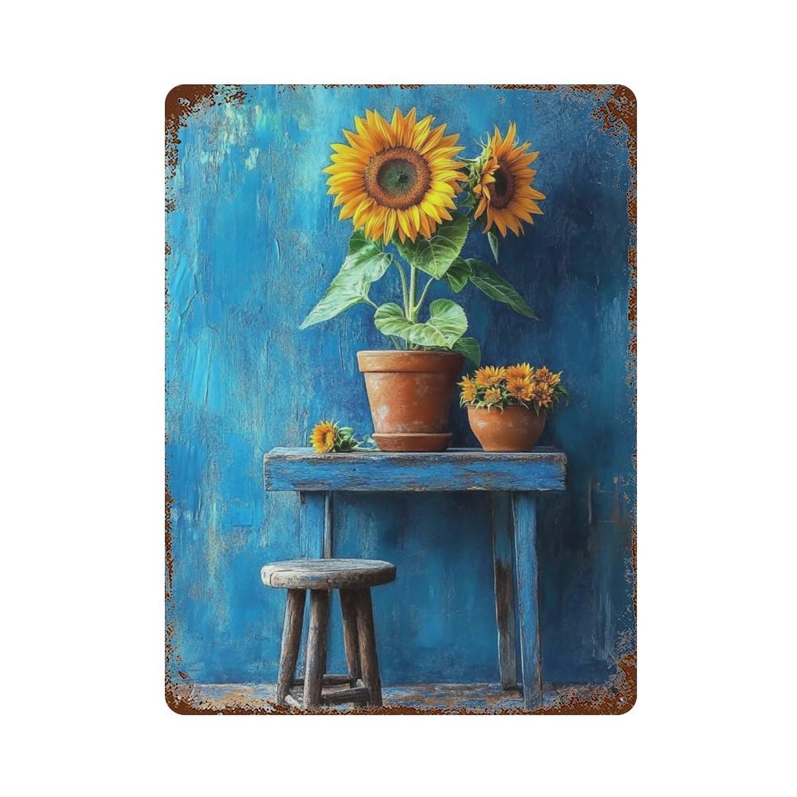 YHGERTKU Blue Wall Sunflowers 03 Wall Art Retro Iron Vintage Metal Tin Sign Poster Modern Decor for Living Rooms Gift 40x30cm
