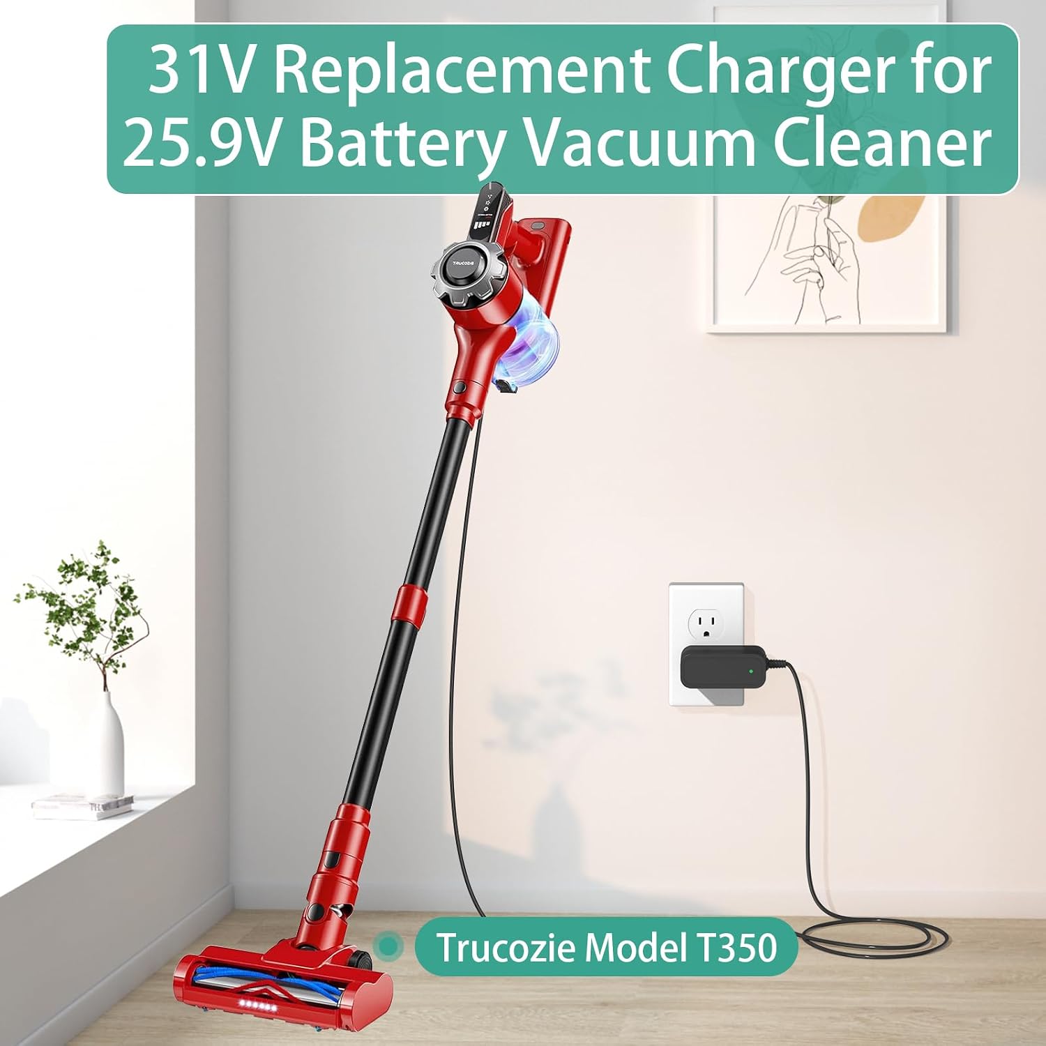 Replacement for 25.9V Vacuum Battery Charger, 31V 0.5A AC Adapter Compatible with Trucozie Model T350 25.9 Volts Battery Cordless Vacuum Cleaner