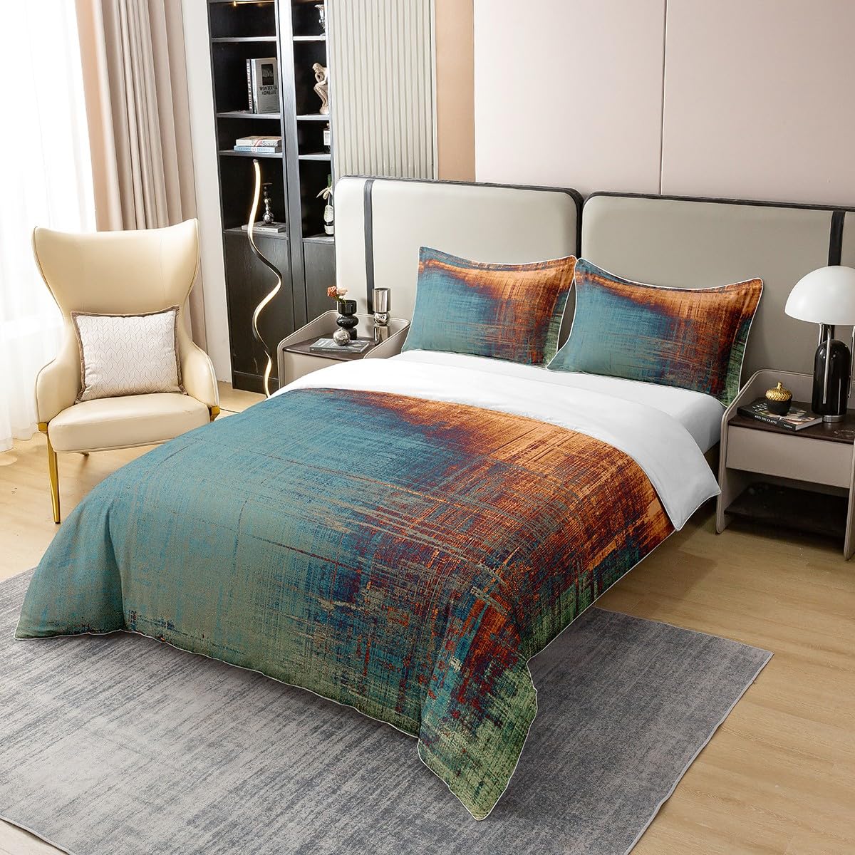 Set Copripiumino King Size In Cotone 100% - Design Astratto Vintage Blu Giallo Ruggine - 2 Federe - 3