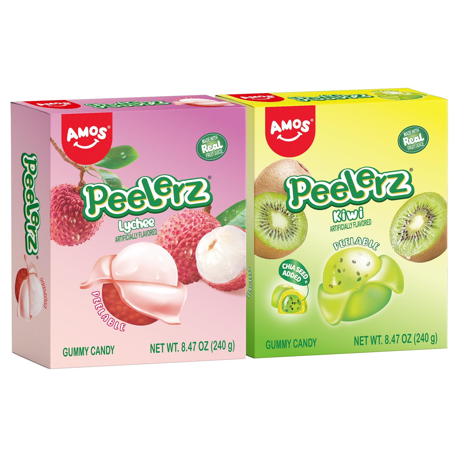AMOS Peelerz Lychee & Kiwi Gummy Candy, Peelable Fruit-Shaped Candy, 8.47oz Box with 10 Individual Packs – Fun Peeling Gummy Snack Made with Real Juice (2-Box Bundle)