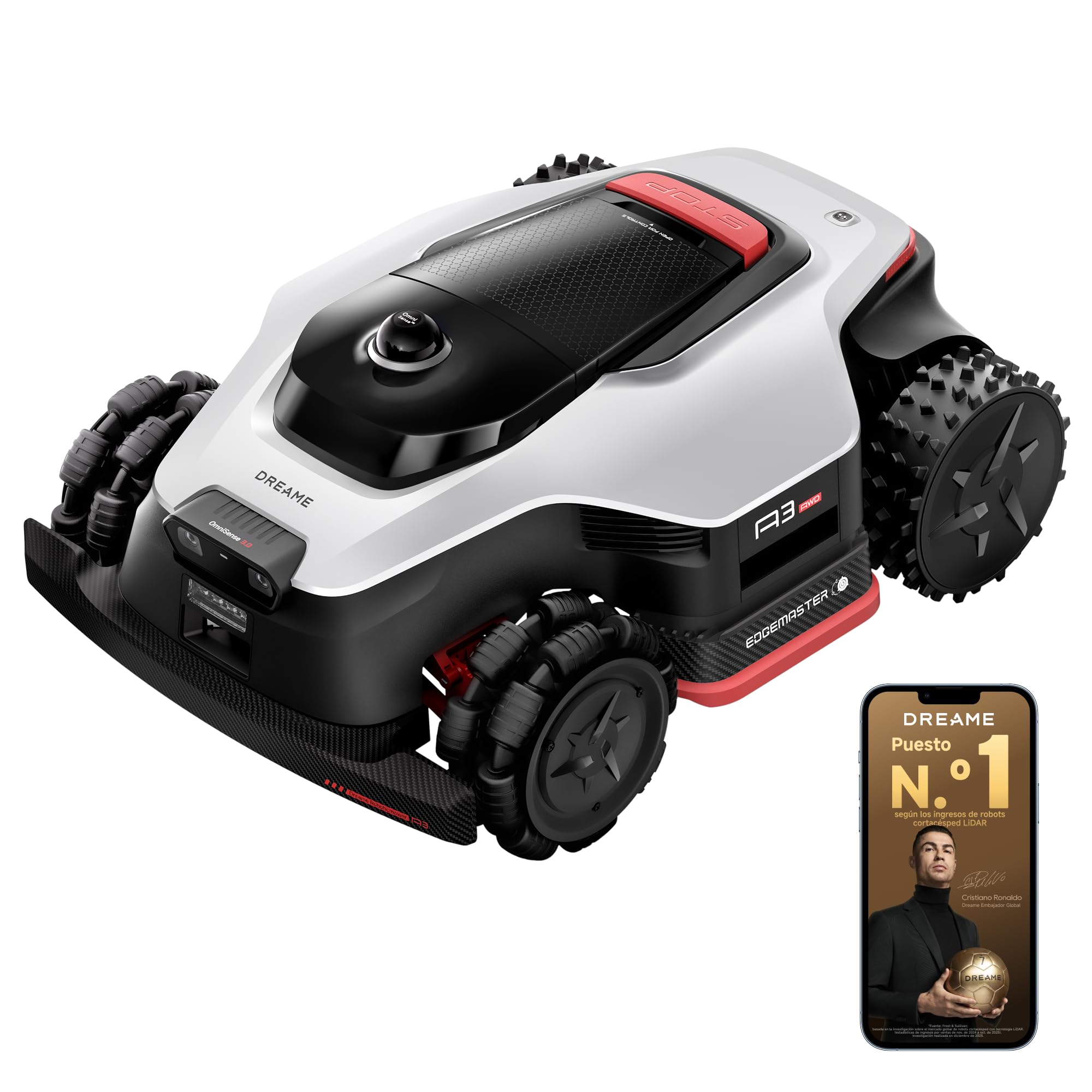 DREAME A3 AWD 2000 Robot Cortacésped sin RTK, LiDAR 3D y Visión Dual con IA | Cubre 2000㎡, Motores de Buje AWD, 80% (38,7°) de Pendiente y Obstáculos de 5,5cm, EdgeMaster: Cortado de Bordes de＜5cm