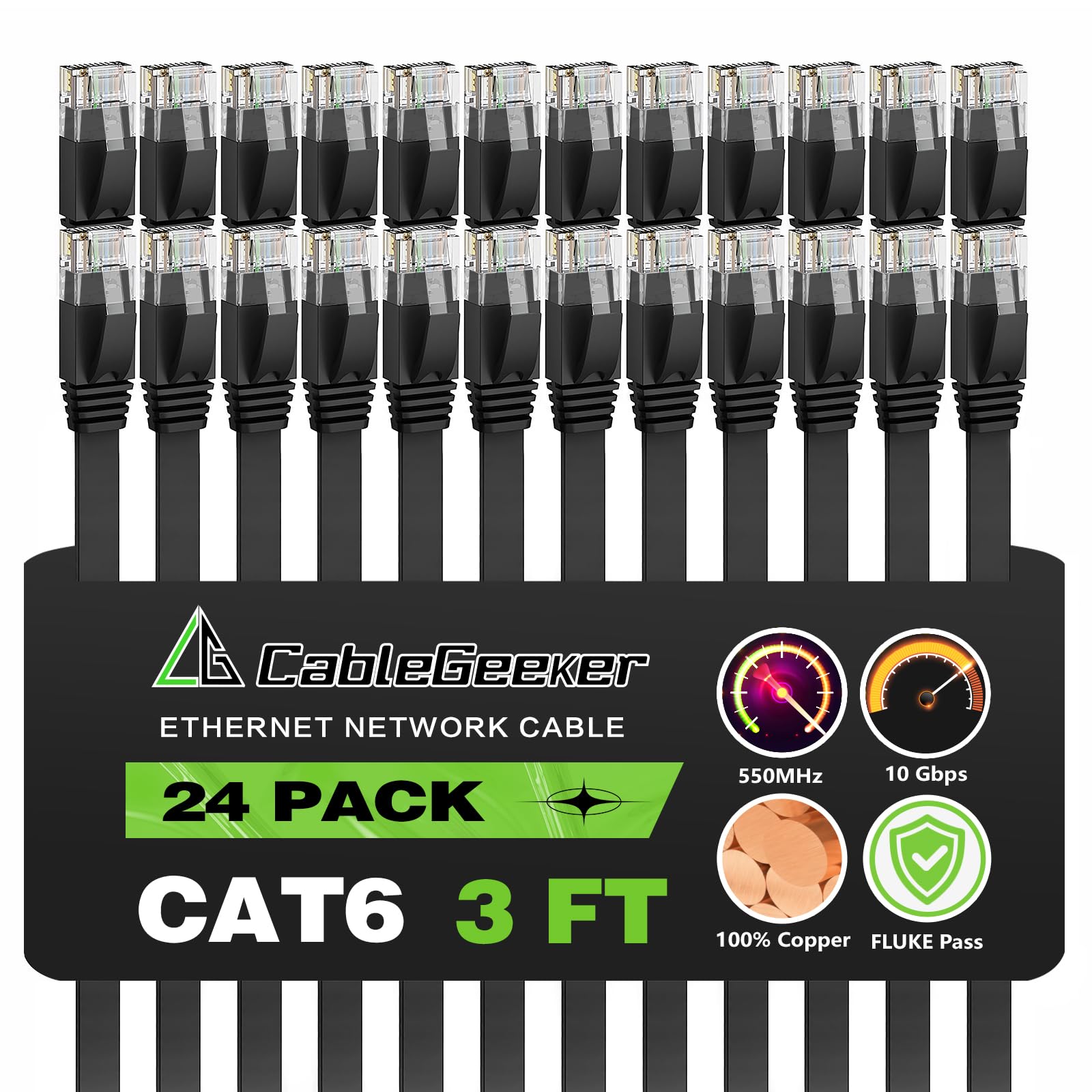 Cat 6 Ethernet Cable 3ft (24 Pack) (at a Cat5e Price but Higher Bandwidth) Flat Internet Network Cables - Cat6 Ethernet Patch Cable Short - Black