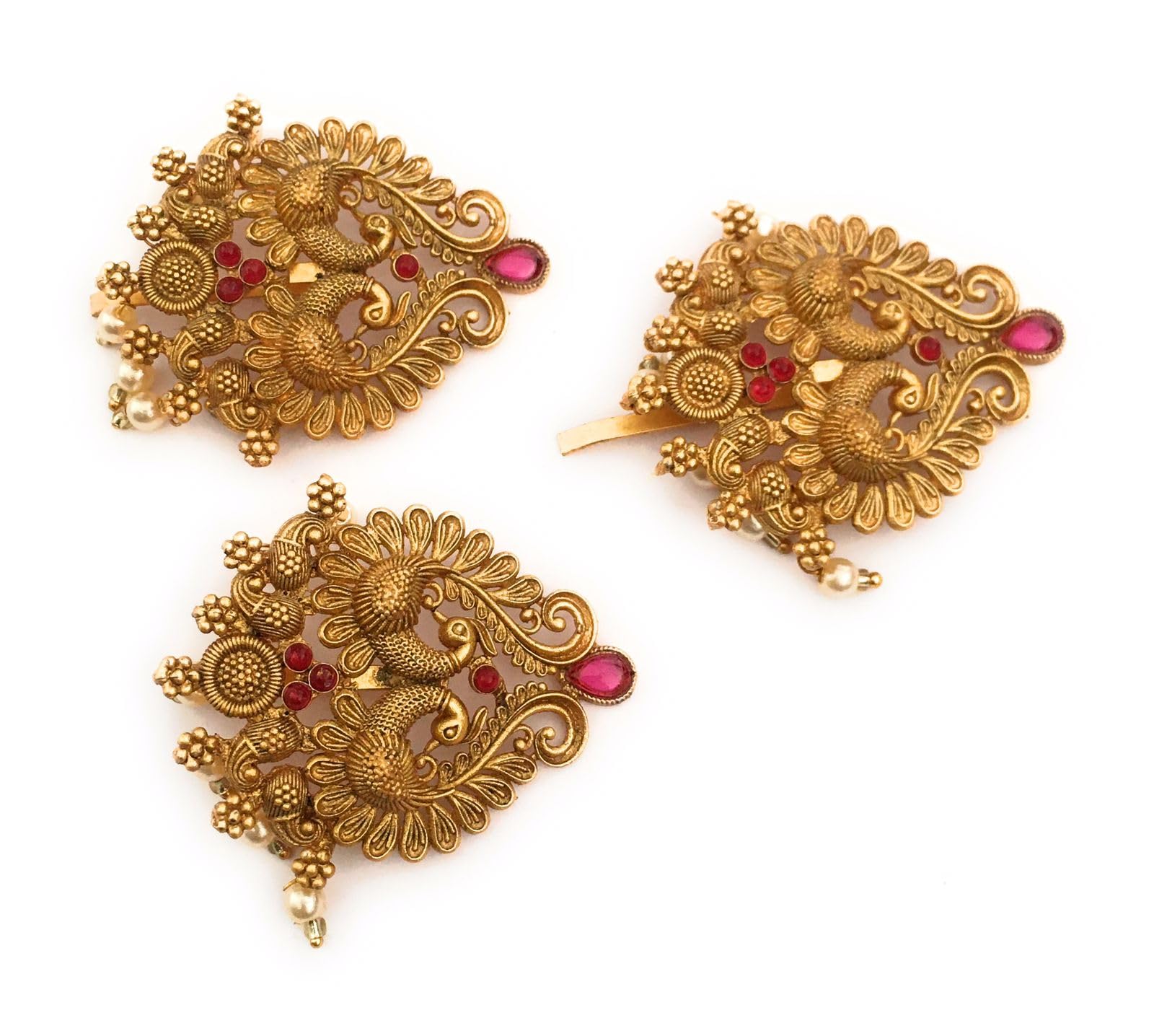 hair clips for girls and women antique gold color jeda veni set (pack of 3) with colorful stones small juda pins jeda billa latest center clips bun pins for children (B0D2ZX2DH7) Amazon Price History, Amazon Price Tracker