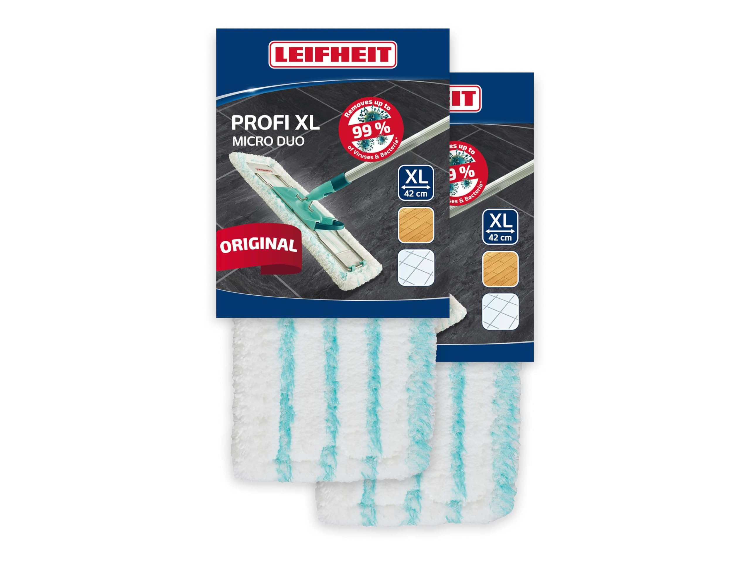 Leifheit Original 2er Set Wischbezug Profi XL Micro Duo, für alle Bodenarten, Bodenwischer Ersatzbezug, effektive Schmutzaufnahme Dank 2-Faser-System, Mikrofaser Putzlappen für Fliesen und Laminat