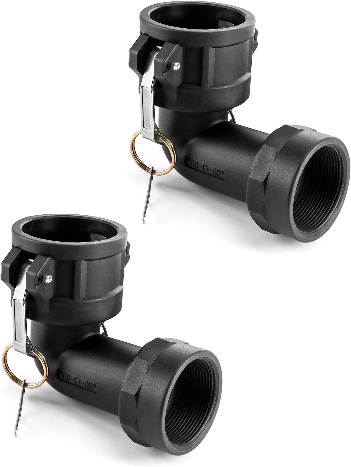 QWORK 200D90 Polypropylene Cam and Groove Hose Fitting, 2 Pack 90 Degree Elbow Fitting, Used to Connect Two Hoses or Pipes, 2" Female Coupler x NPT Female