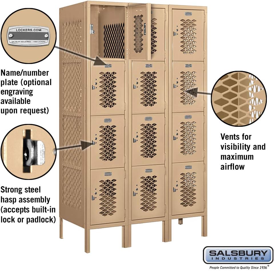 Salsbury Industries 74358TN-A 12" Four Tier Vented, 3 Wide x 5 Feet High x 18 Inches Deep, Assembled Metal Locker, Tan