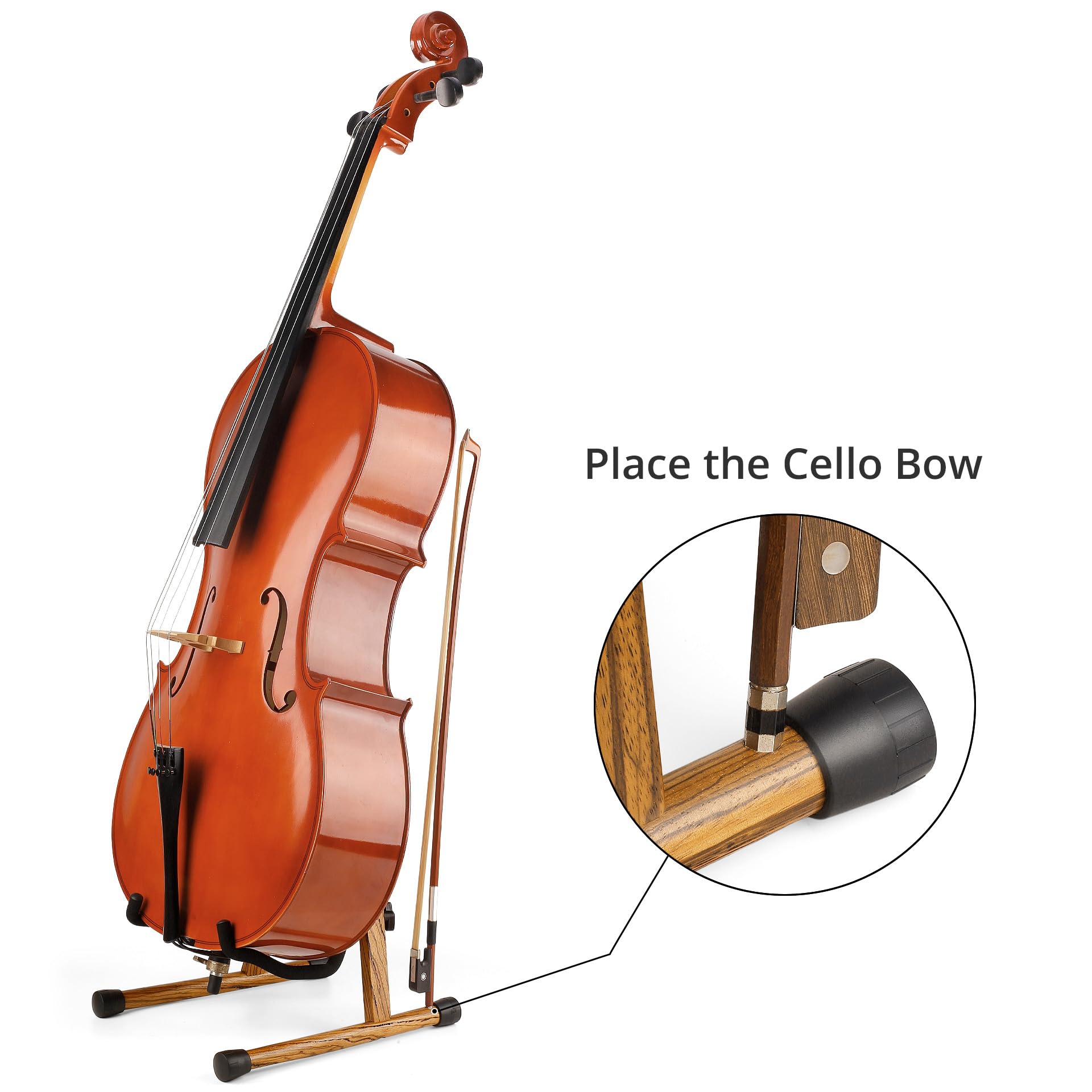 Support pour violoncelle avec porte-archet, support en bois en A avec pied rembourré en mousse – Support artisanal pour violoncelles 1/2, 3/4, 7/8, 4/4 (taille complète) et guitares (bois de