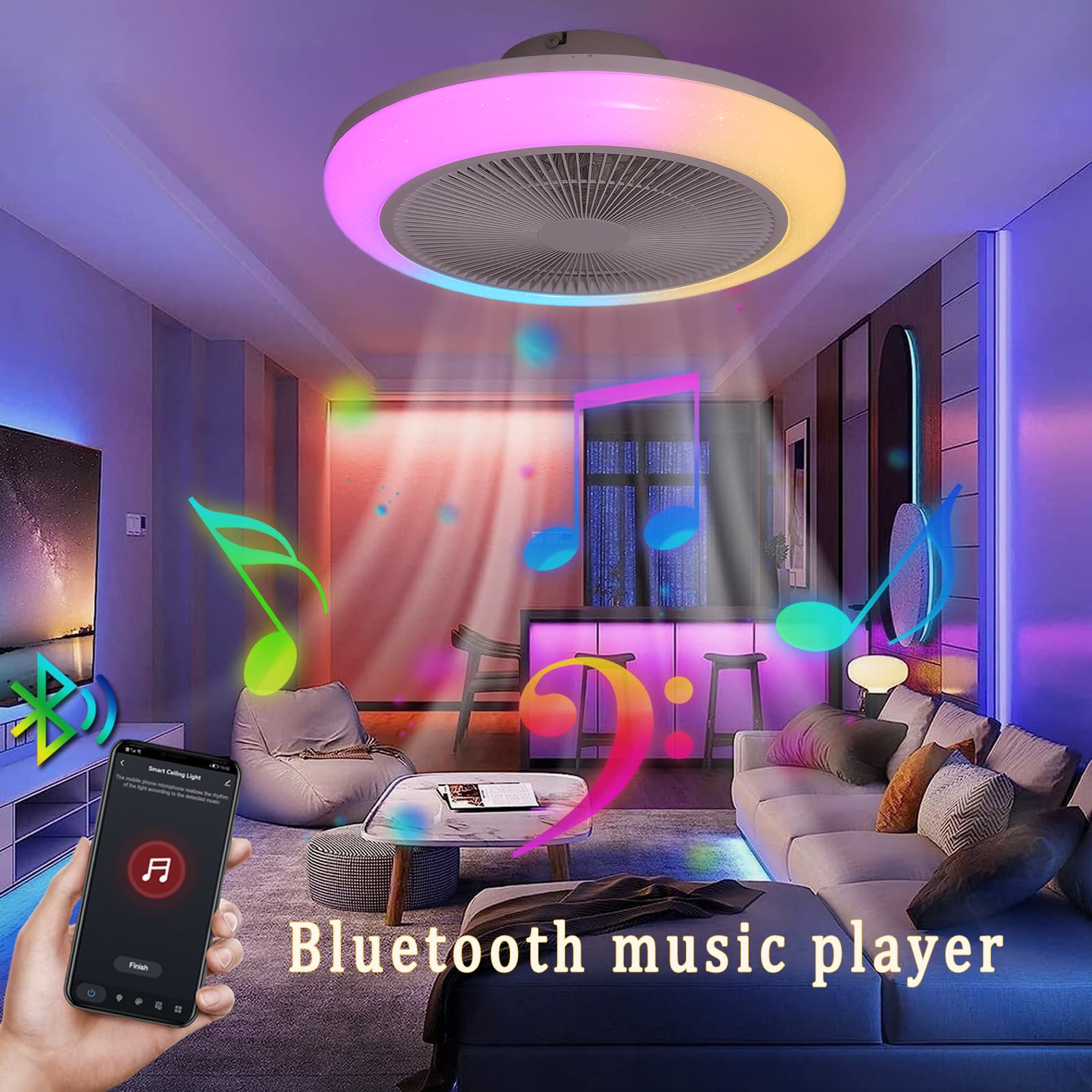 RGB Deckenventilator mit Beleuchtung und Bluetooth Lautsprecher 46cm | Fernbedienung/APP Dimmbar, LED Deckenlampe mit Ventilator Reversibel, Decken Ventilator mit Lampe Kinderzimmer Schlafzimmer