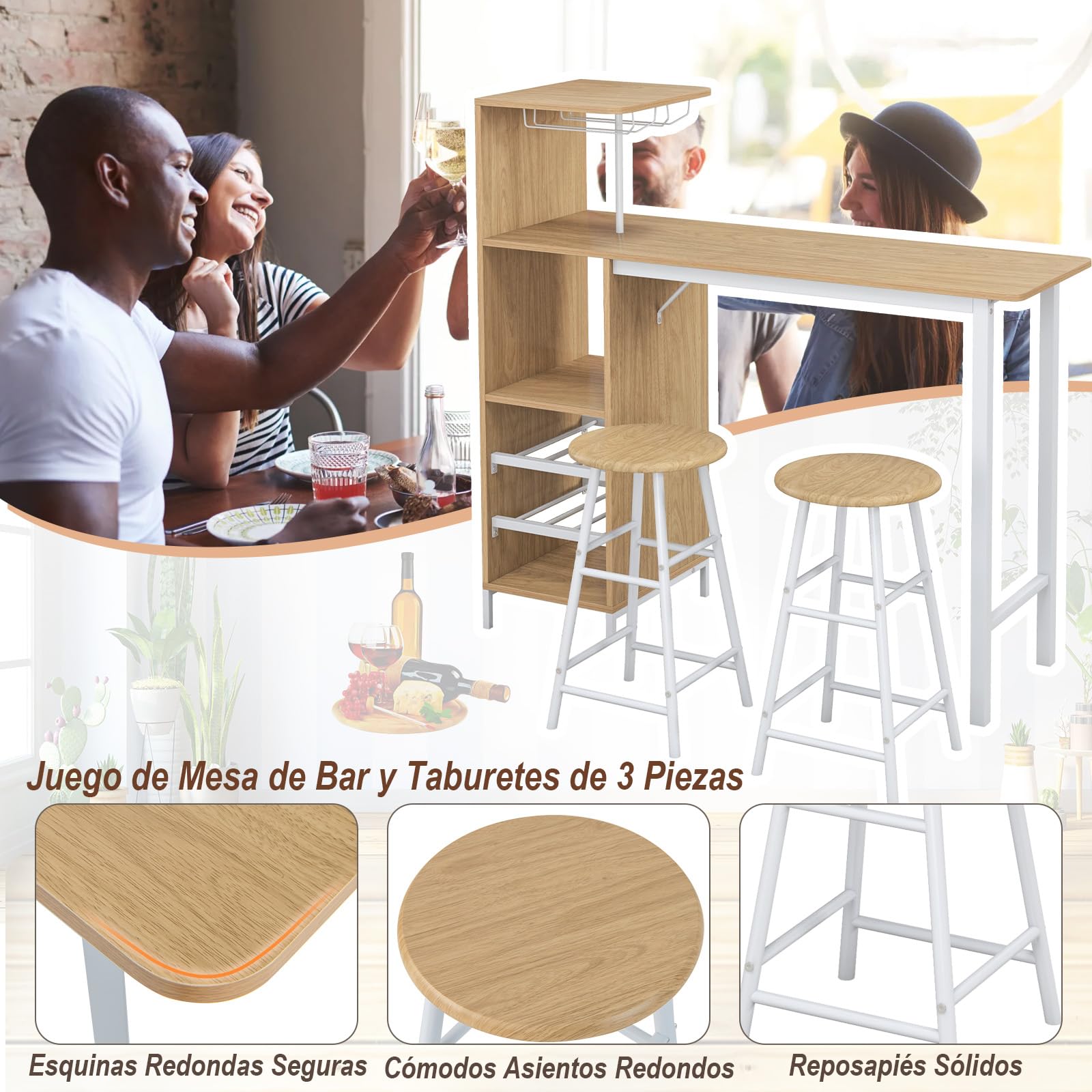 RELAX4LIFE Juego de Mesa Comedor de 3 Piezas, Mesa de Comedor con 2 Taburetes de Bar, 3 Estantes, Soportes para Copas y Portabotellas de 2 Niveles, Mesa Alta Cocina de MDF, 120x40x121,5cm (Natural)