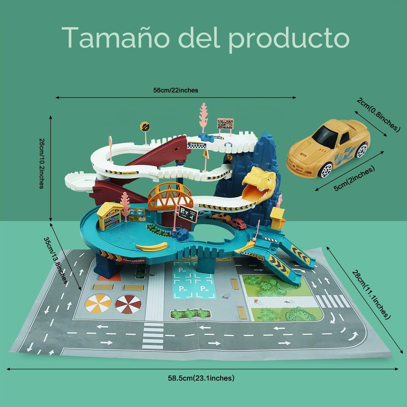 RedCrab Dinosaurio Circuito de Coches, Pista para Niños Con 4 Carros de Juguete y Rieles, 3 a 14 Años, Regalo de Cumpleaños y Festival para Niño y Niña