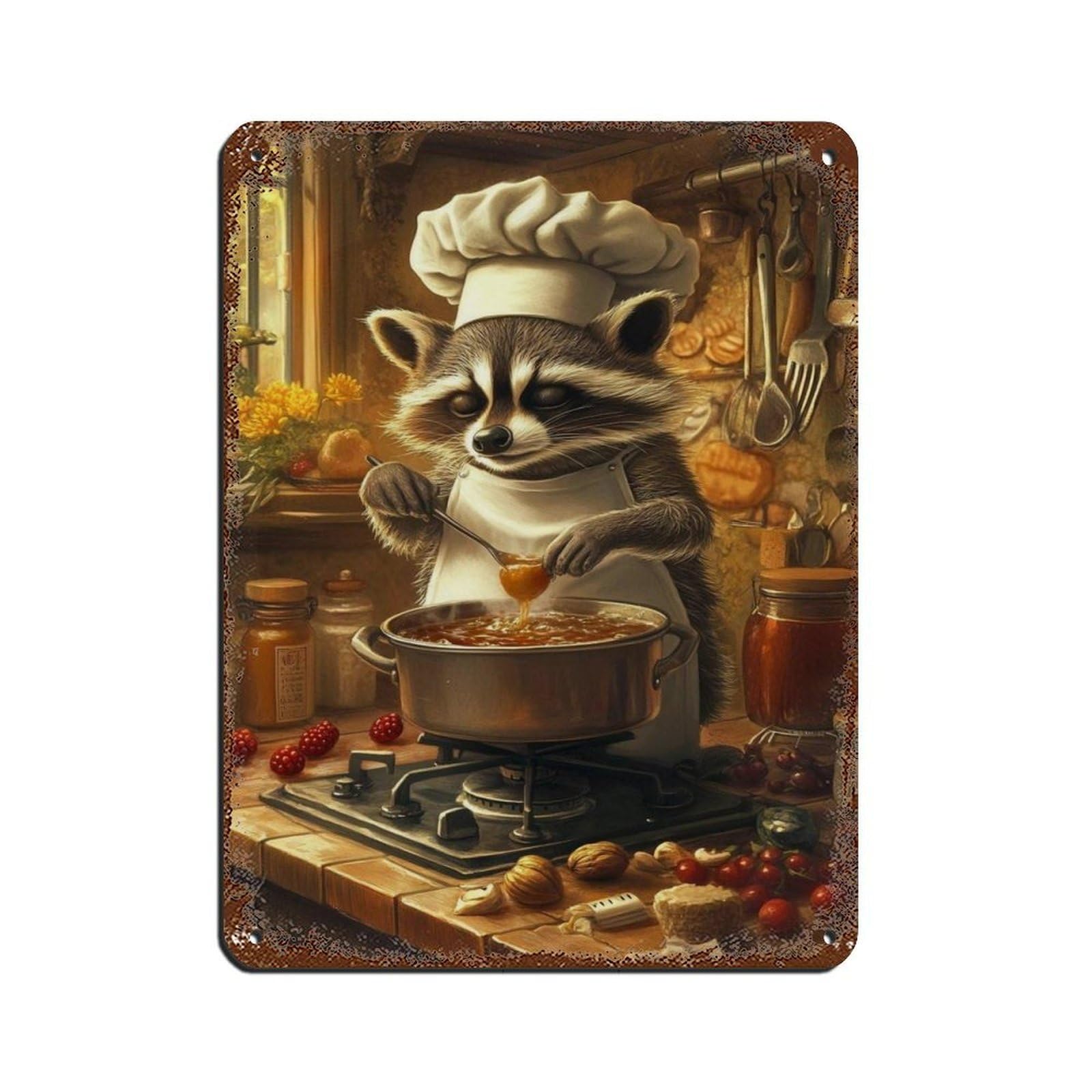 Lxwnze 30L X 40W Cm Cute Raccoon Chef Cooking In Rustic Kitchen Tin Sign Vintage Metal Pub Club Cafe Bar Home Wall Art Decoration Poster Retro 12X16inch(30X40cm)