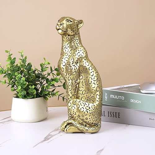 Miniatura 6 de Estatua moderna de poliresina dorada de 11 pulgadas de alto, estatua de guepardo sentado y 15.7 pulgadas de largo, estatua de guepardo para caminar,