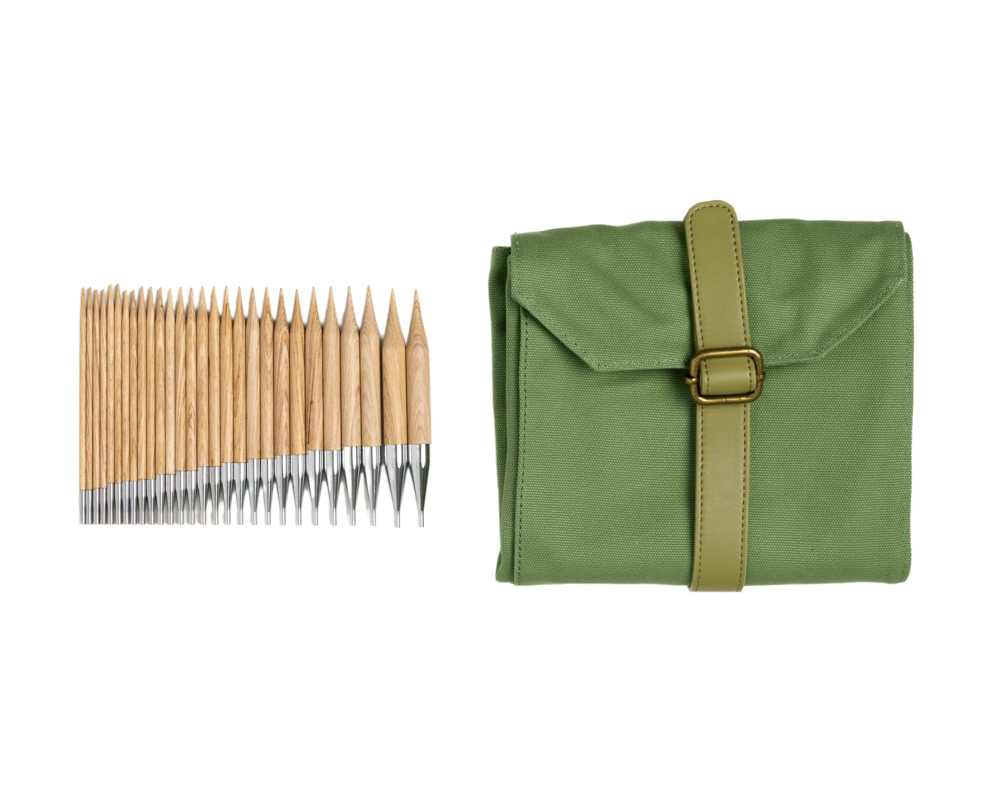 Knit Picks x Della Q Complete Interchangeable Knitting Needle Set (Sizes 3-17) with Maker's Canvas Needle Case (Moss and Sunstruck)