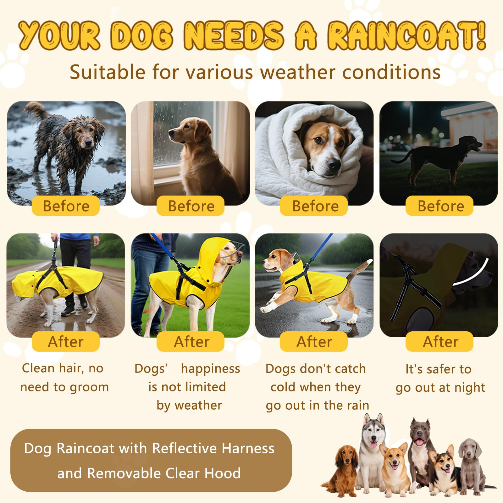 Chubasquero para perros, chubasquero con arnés reflectante y capucha transparente extraíble, chubasquero transpirable para perros, poncho, ligero, impermeable, ropa para pequeños, medianos y
