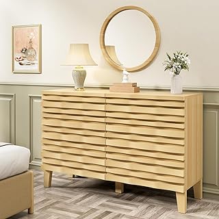 UEV Commode à 6 Tiroirs 120cm, Stockage de Grande Capacité, Meuble Rangement avec Plafond Spacieux, pour Chambre à Coucher, Salon, Pieds en Bois Massif, Motif Bois, 120x40x80,5cm, Marron