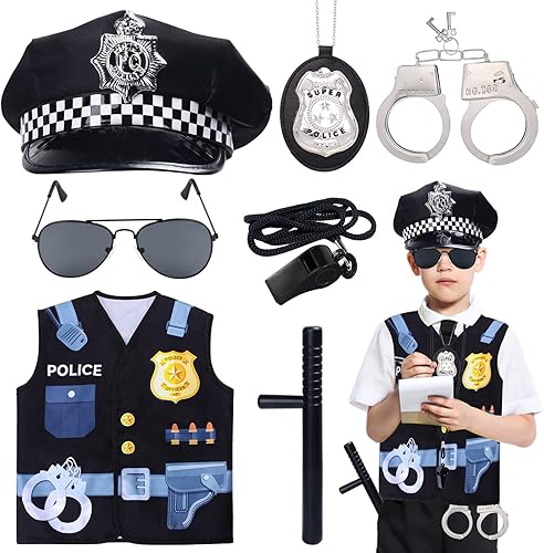 Conjunto de disfraz de policía para niños de Keymall - 7 piezas de disfraz de oficial de policía para niños - Gorra, chaleco, insignia, silbato,