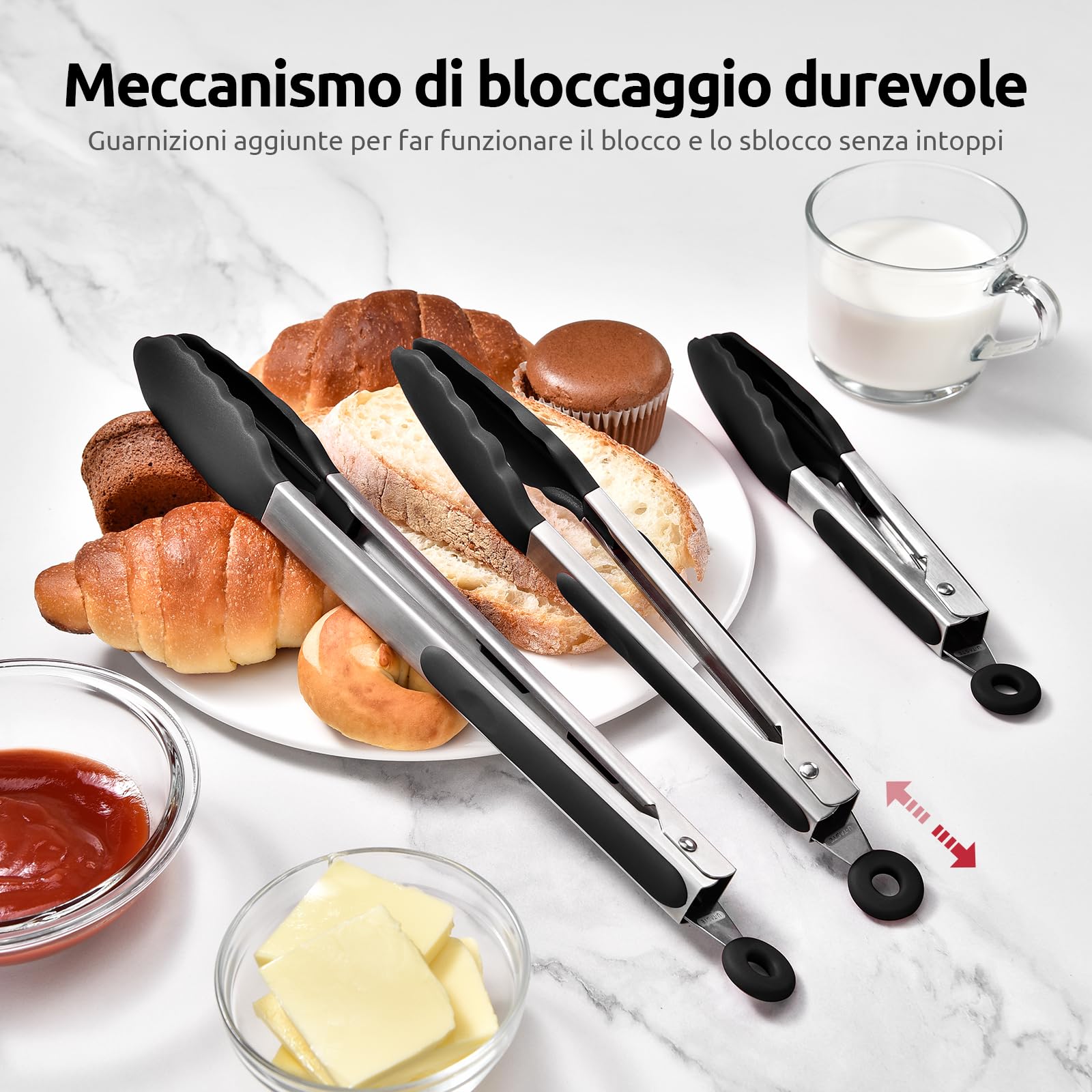 U-Taste Set di 3 Pinze Cucina, Pinze da Cucina in Acciaio Inossidabile 18cm, 23cm e 30cm con Spazzole in Silicone Antiaderente e Resistente al Calore 250°C per Uso Alimentare.(Nero)
