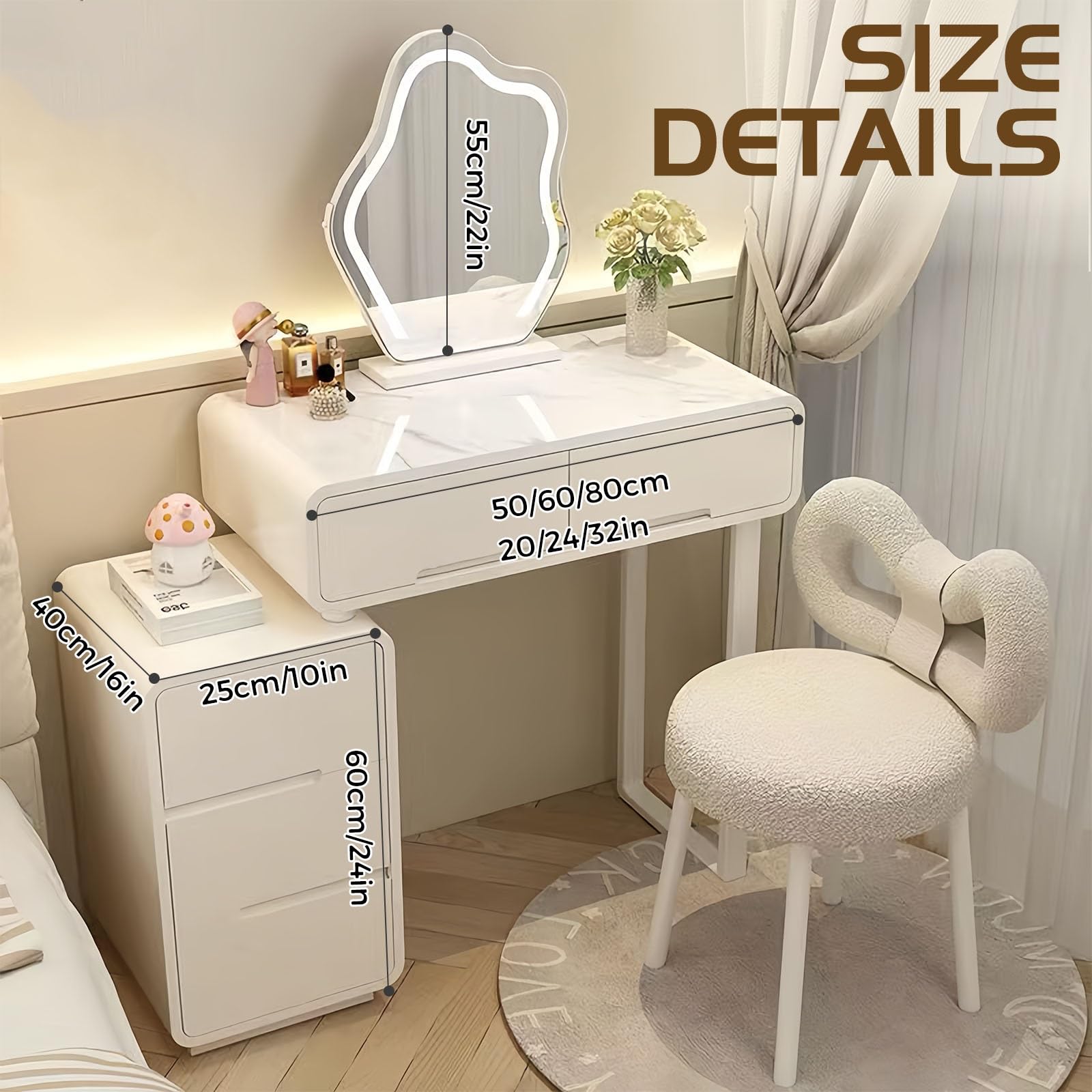 Elegancki zestaw kosmetyczny 3 w 1 z lustrem LED i krzesłem, biała toaletka dla kobiet, kosmetyki i przechowywanie, idealna stacja kosmetyczna i akcesoria glamour Essentials.