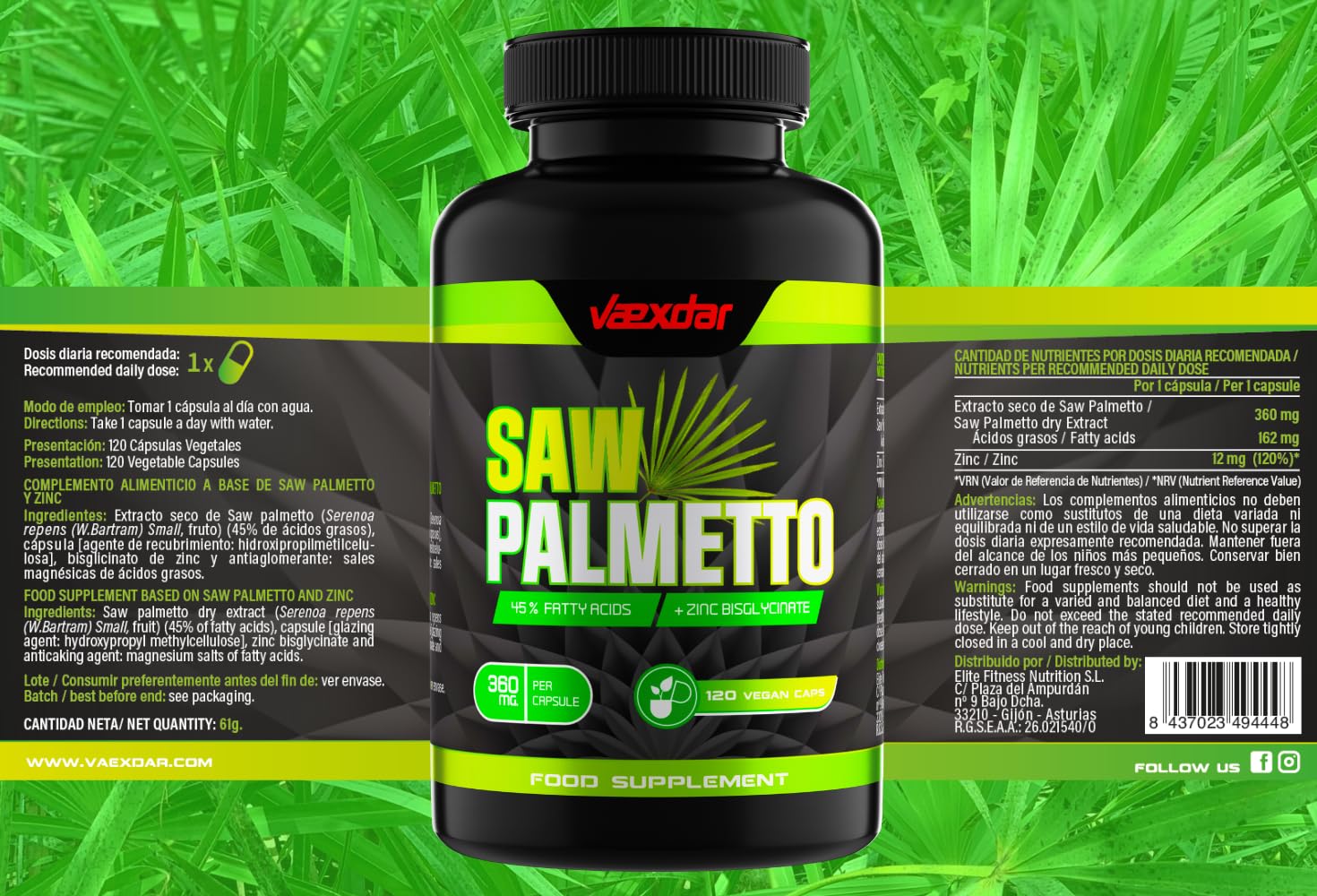 Vaexdar Saw Palmetto | Zinc Bisglicinato | Alta Potencia 360 mg Serenoa Repens | Saw Palmetto Prostata | 45% Ácidos Grasos | 120 Cápsulas Vegetales | Apoyo a la Salud Masculina | 4 Meses de Duración