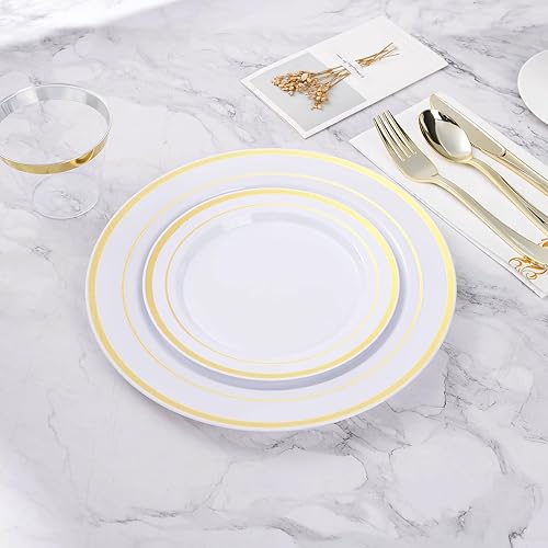 Miniatura 6 de BESTVIP 100 platos de plástico dorados, platos desechables de 10.25 pulgadas para fiesta con borde dorado, platos de plástico desechables
