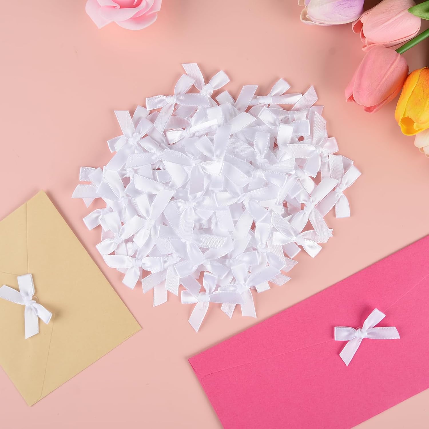 NEBURORA 100 Pcs Mini White Bows Small Satin Fabric Ribbons Bow with Dot Stickers for Gift Wrapping Cake Card DIY Crafts Wedding Party Decorations - Image 6