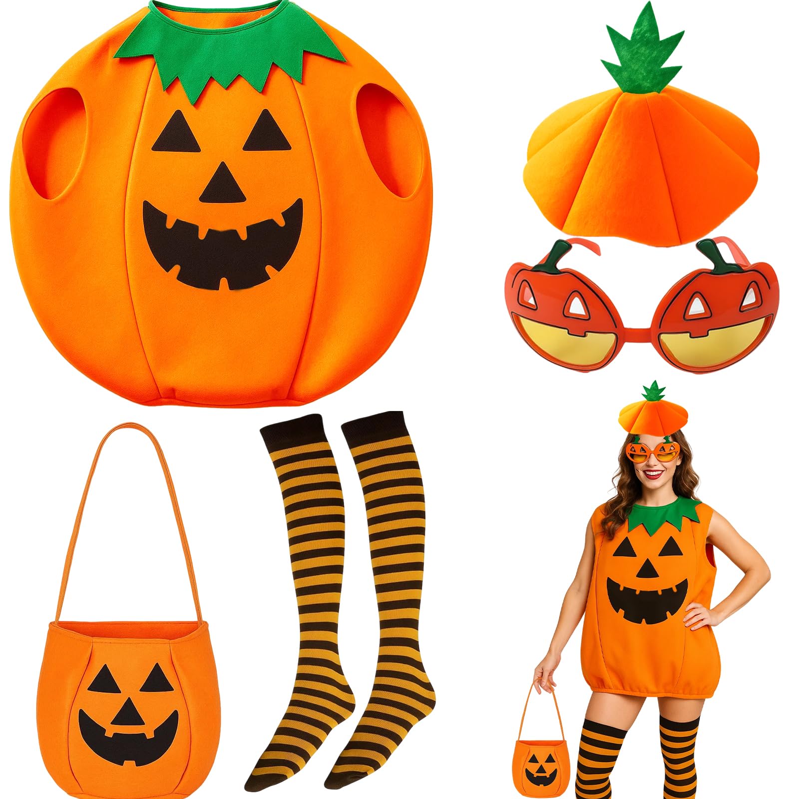 5 Pcs Set Funny Fancy Dress, Halloween Costumes for Women with Candy Bag Pumpkin Hat Stockings Pumpkin Glasses for Girls Ladies Female Halloween Cosplay Fancy Dress Outfit Party