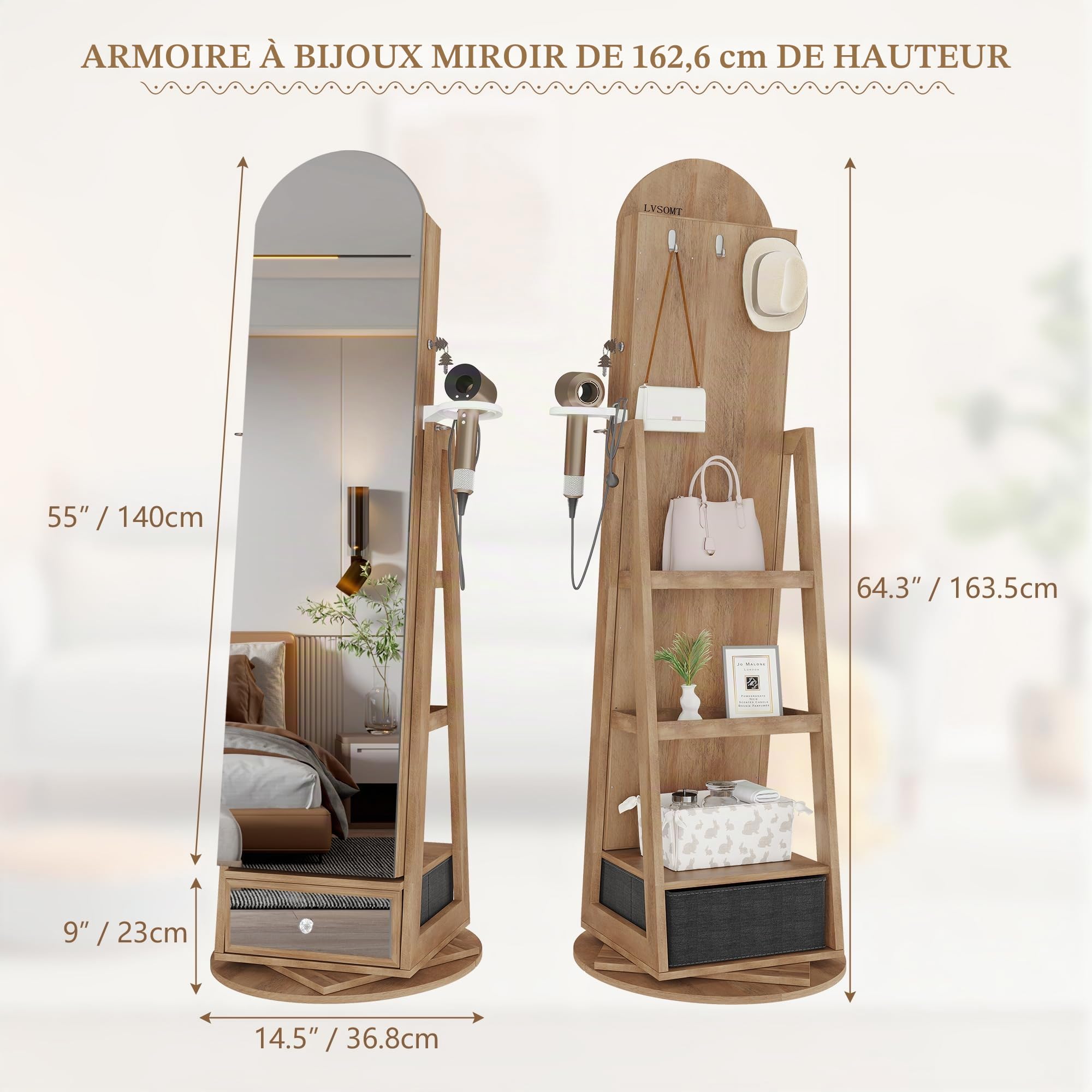 LVSOMT LED Armoire à bijoux avec Miroir Arqué, Rotative à 360 Armoire Bijoux Miroirs avec éclairage, Grande Arc Miroirs sur pied avec Rangement de bijoux, Miroir Bijoux Bois Verrouillable, Bois Marron
