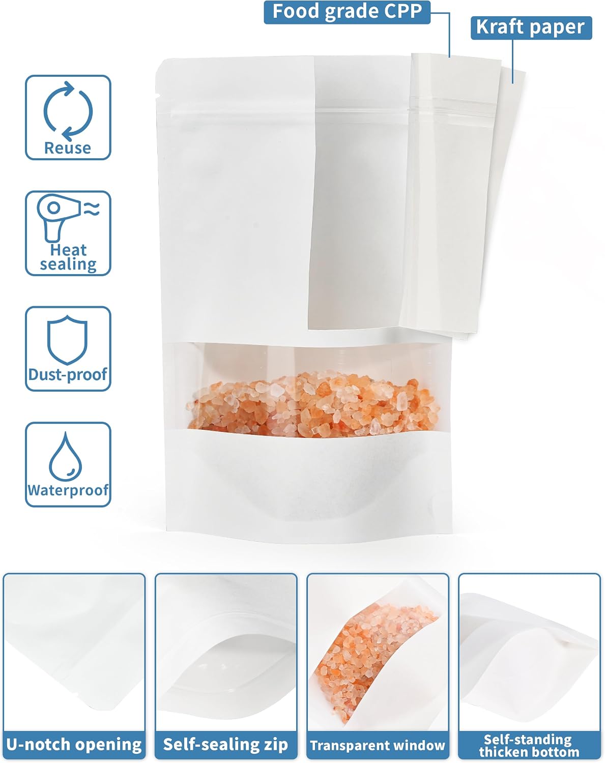 FireKylin 100 Pcs Resealable Paper Bags, Clear Window, White, 3.5" x 5.5" image 4