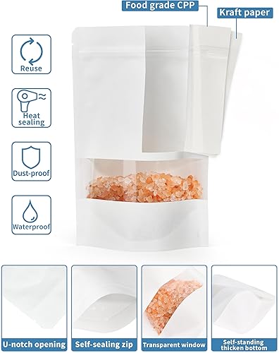 Miniatura 4 de 100 bolsas de papel kraft blanco con ventana, bolsas de pie de 6.3 x 8.6 pulgadas, bolsas de almacenamiento de alimentos con cierre de cremallera