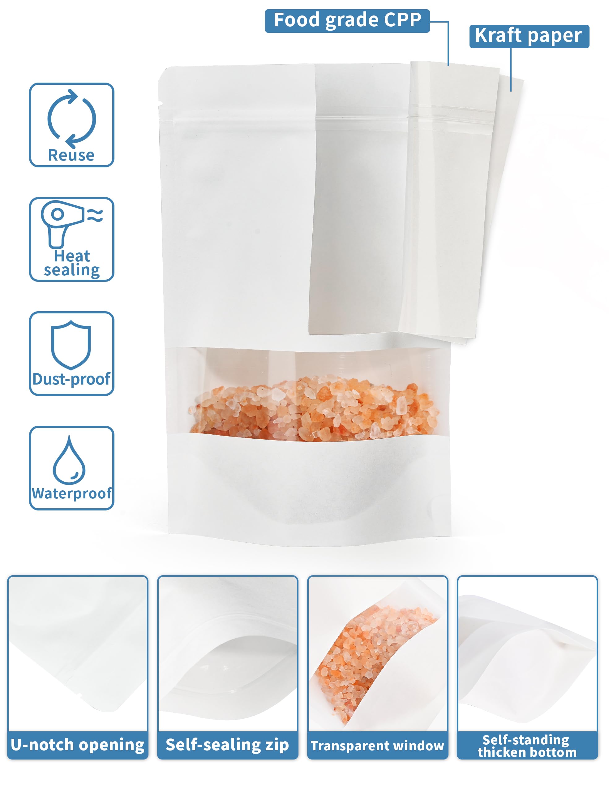 100 bolsas de papel kraft blanco con ventana, bolsas de pie, bolsas de almacenamiento de alimentos con cierre de cremallera para productos de embalaje, reutilizables, sellables (6.3 x 8.6 pulgadas)