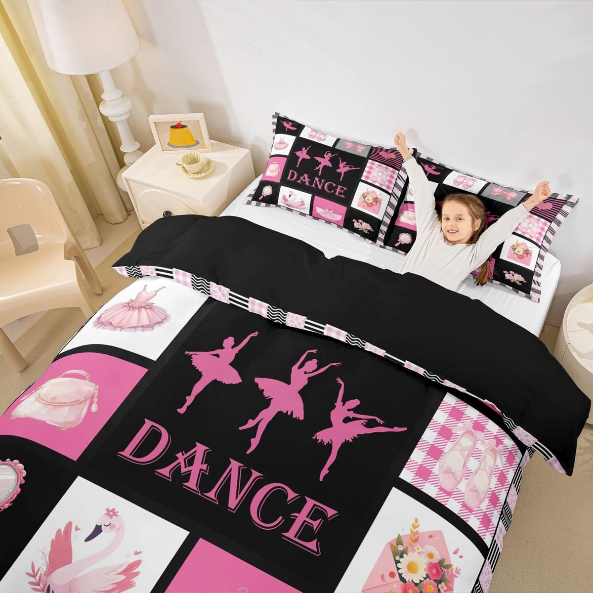 Homewish Czarny Różowy Taniec Motyw Dziewczyny King Zestawy Poszwa Na Kołdrę Balet Buty Tancerz Kokarda Pościel Kokarda Kwiatowa Poszewka Na Kołdrę Kobiety Dorośli Ciepłe Miękkie Pościel Zestaw Łóżek