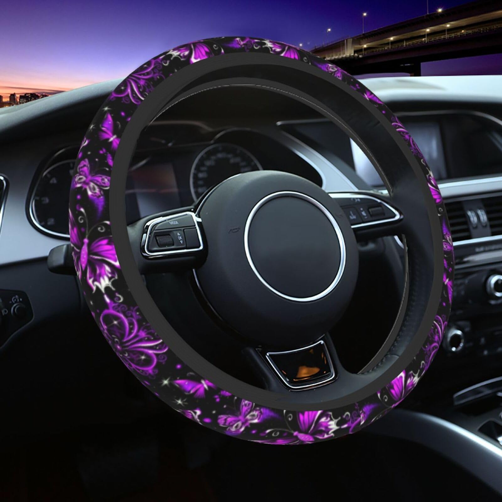 Purple Butterfly and Flower Universal Steering Wheel Cover for Men Women, Soft Anti Slip Stretch Neoprene Steering Wheel Covers Car Protector