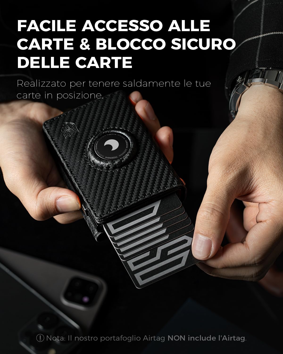 DODENSHA Portafoglio Airtag con Portamonete | Slim Portafoglio 10+ Carte | Protezione RFID | portafoglio uomo piccolo | Porta Carte di Credito Uomo | Moero Portafoglio Slim | Senza AIRTAG | Carbonio