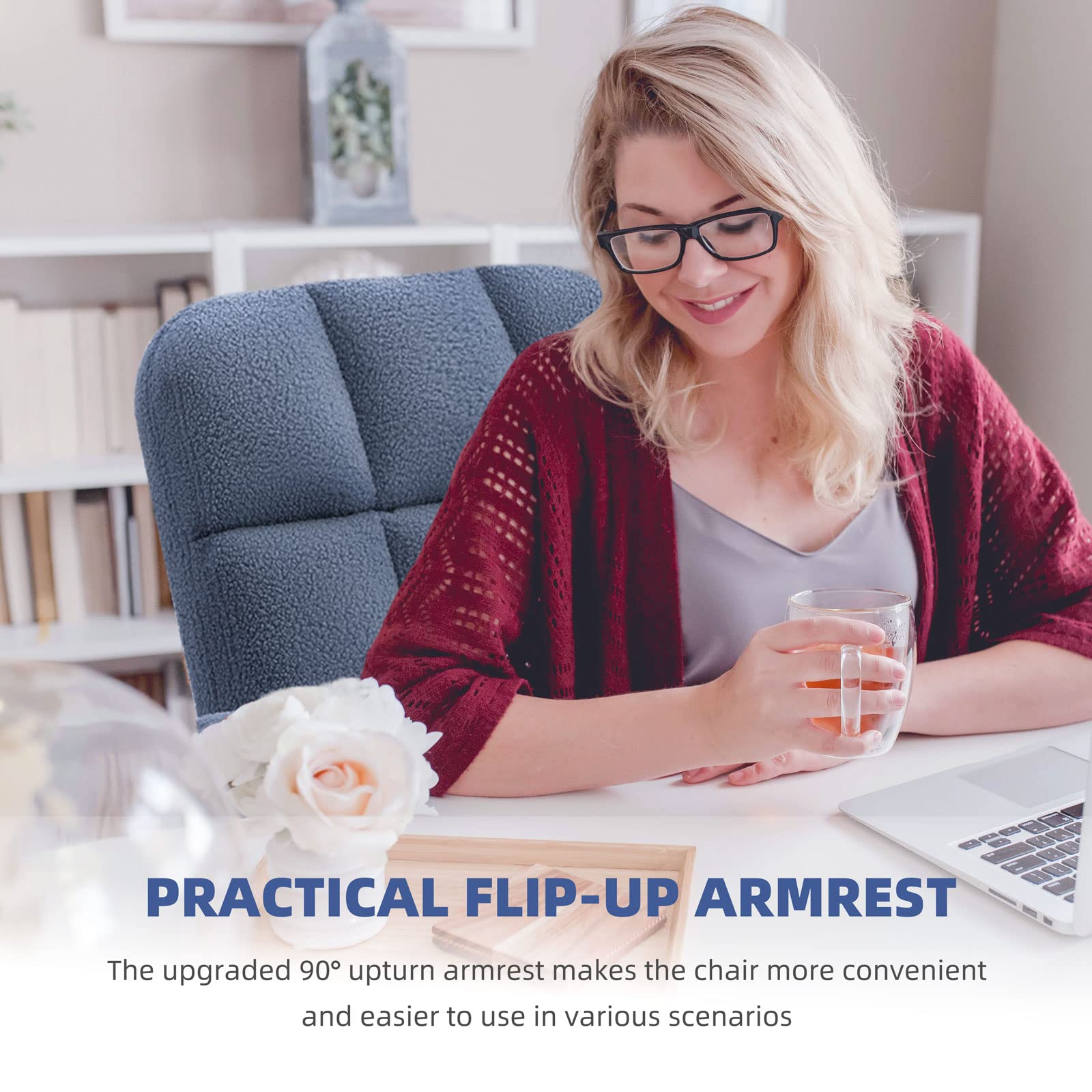 SEATZONE Blue Office Chair, Home Office Desk Chairs with Flip-up Armrest, Fuzzy Rolling Desk Chair with Wheels, Faux Fur Computer Chairs Adjustable Backward Tilt