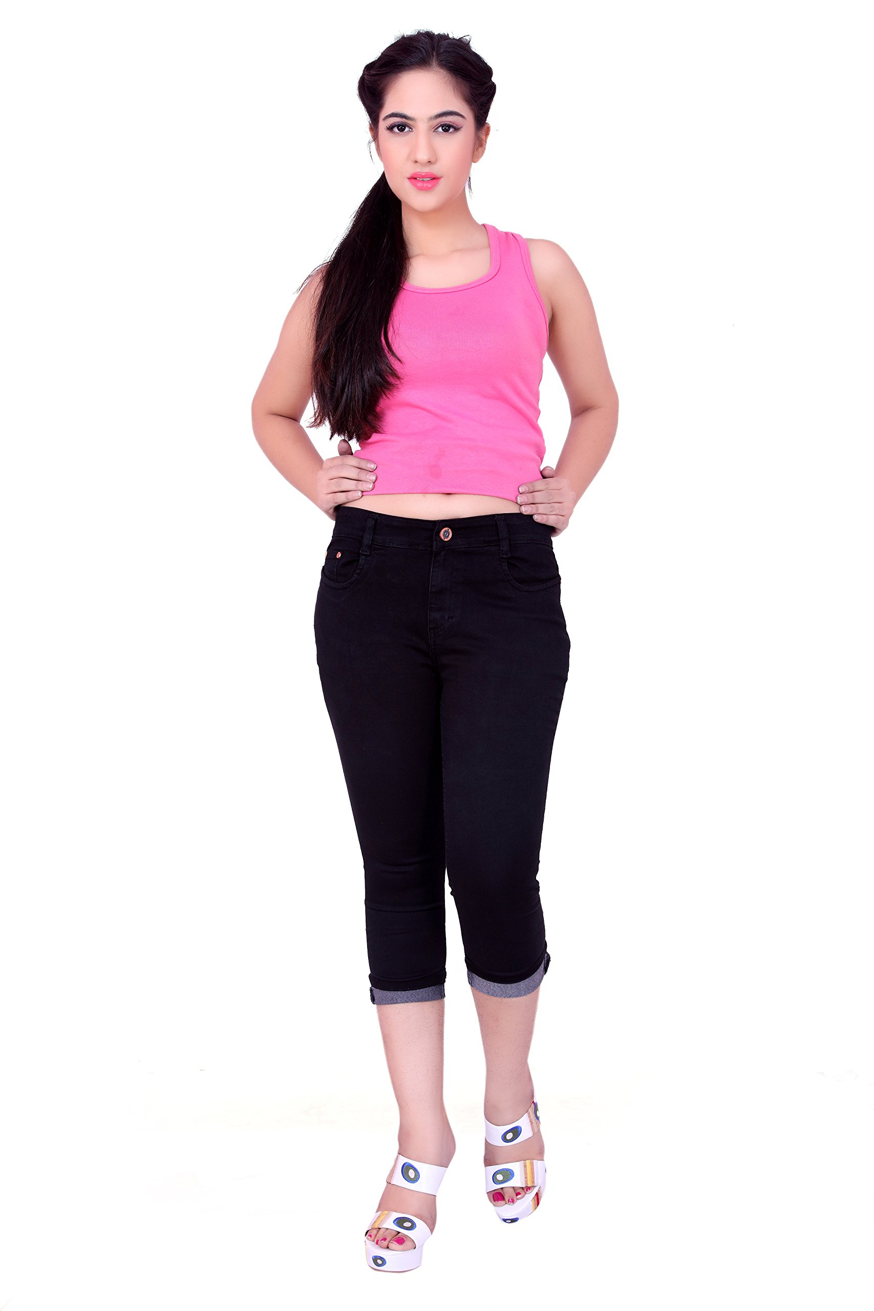 Stretchable Denim Solid Mid Waist Knee Length Button Closure 5 Pocket Capree for Women-image-15