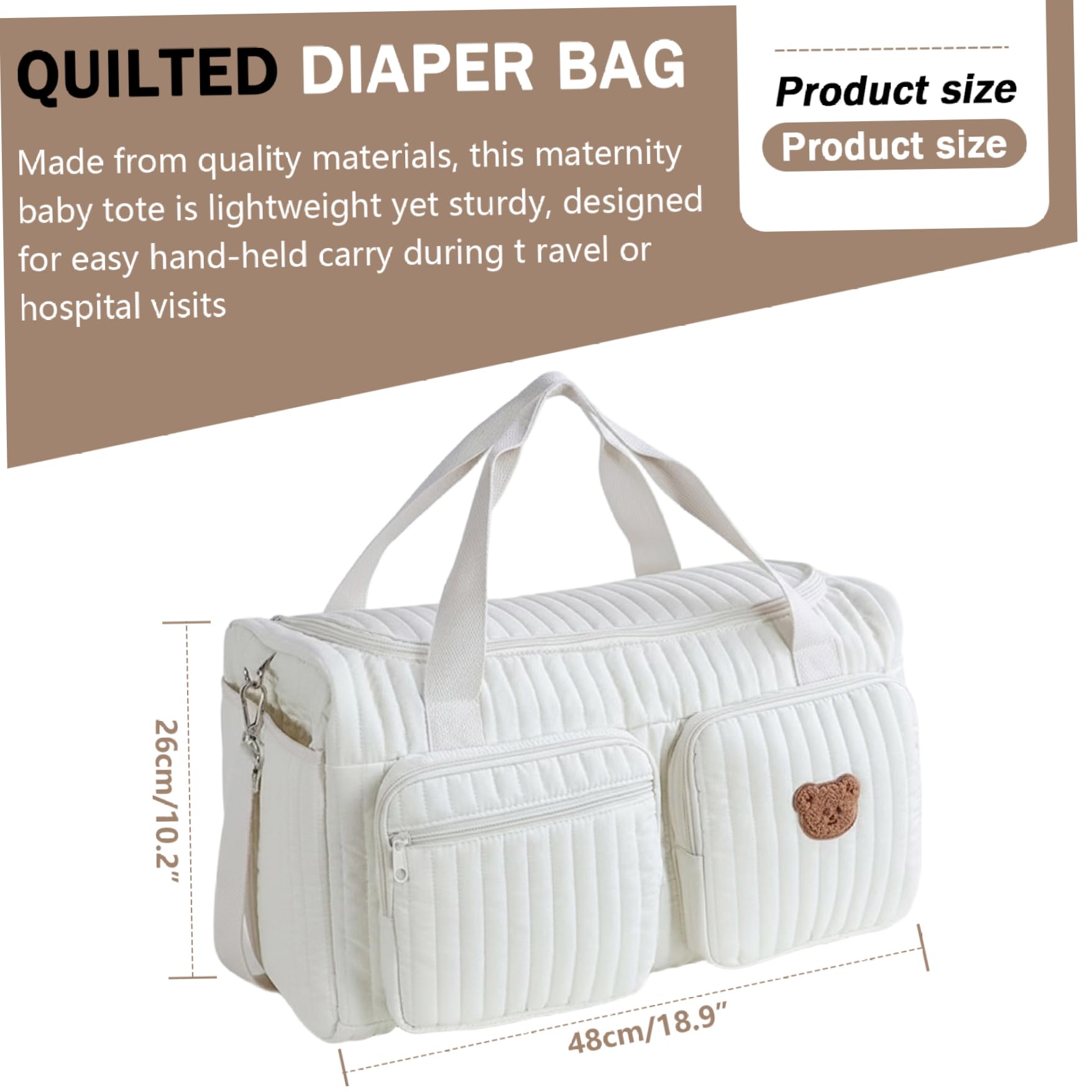 Sac de sport matelassé, sac de voyage pour bébé capacité avec broderie d'ours mignon pour les voyages à l'hôpital et en week-end, 18, 9 x 10, 2 x 8, 7 pouces, décoration la maison