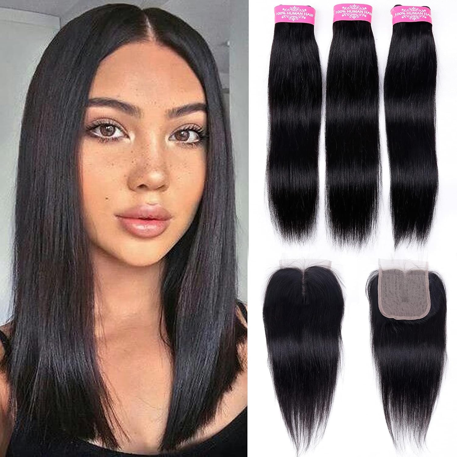 Straight Human Hair Bundles with Closure(10 12 14+10) Brazilian Virgin Human Hair 10A Straight 3 Bundles with Lace Closure 70g/bundle Natural Color