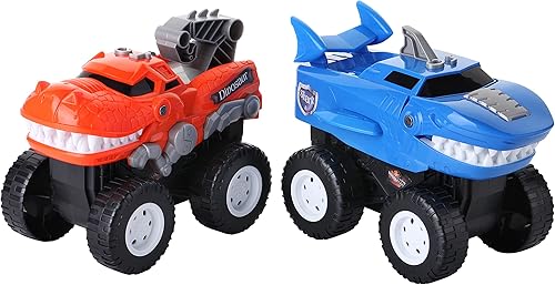Dinosaurio Monster Trucks - 2 camiones de juguete para niños pequeños que funcionan con pilas, luces y sonidos, T-Rex rugiente, dinosaurio tiburón,
