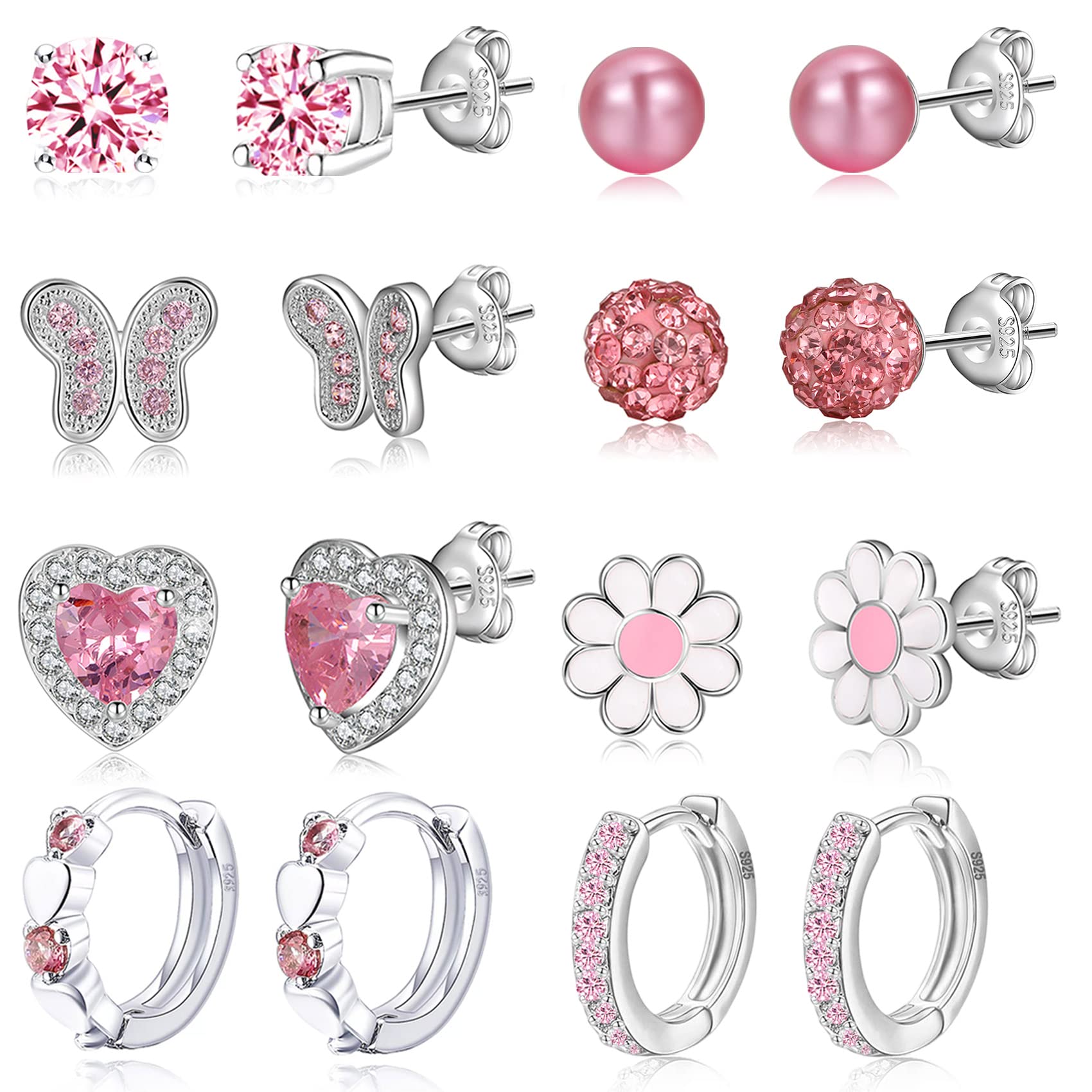 RANKEEF aretes de plata de ley 925 para niñas y mujeres, aretes hipoalergénicos, aretes de aro de, bola de, mariposa, margarita, juegos de aretes para adolescentes y niños pequeños, Plata de ley