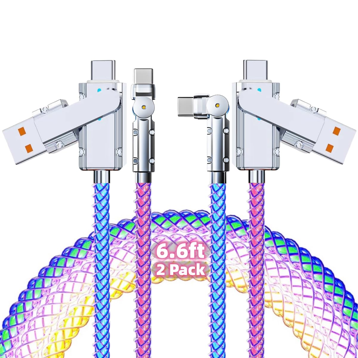 Cable USB-C iluminado, paquete de 2 cables USB C a USB C de 6.5 pies, multicolor, RGB, colorido, gradual tipo C a C, cable LED tipo C, cable de carga para iPhone 17, 16, 15, Samsung Galaxy S25, S24
