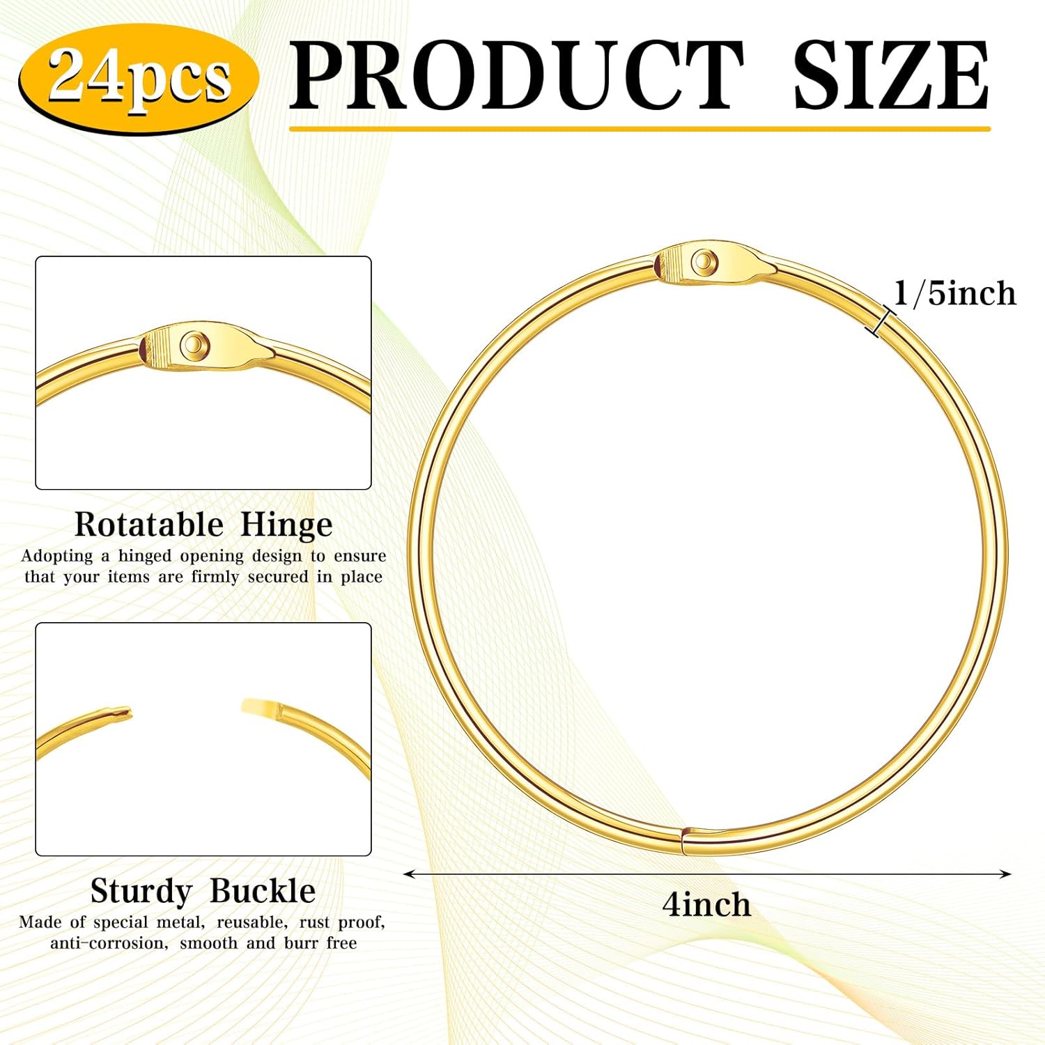 24 pack 4 inches large loose leaf binder rings curtain hooks rings shower hook for bath room curtain glide smoothly round shower rings snap joint design (gold)