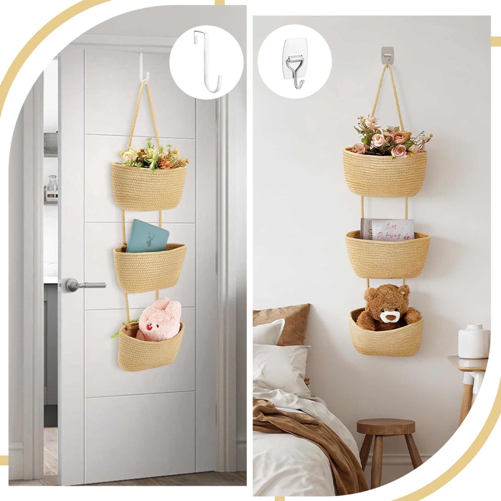 2 cestas colgantes de 3 niveles para colgar sobre la puerta, cesta de almacenamiento de pared de algodón tejido con ganchos, organizador decorativo para colgar en la pared para sala de