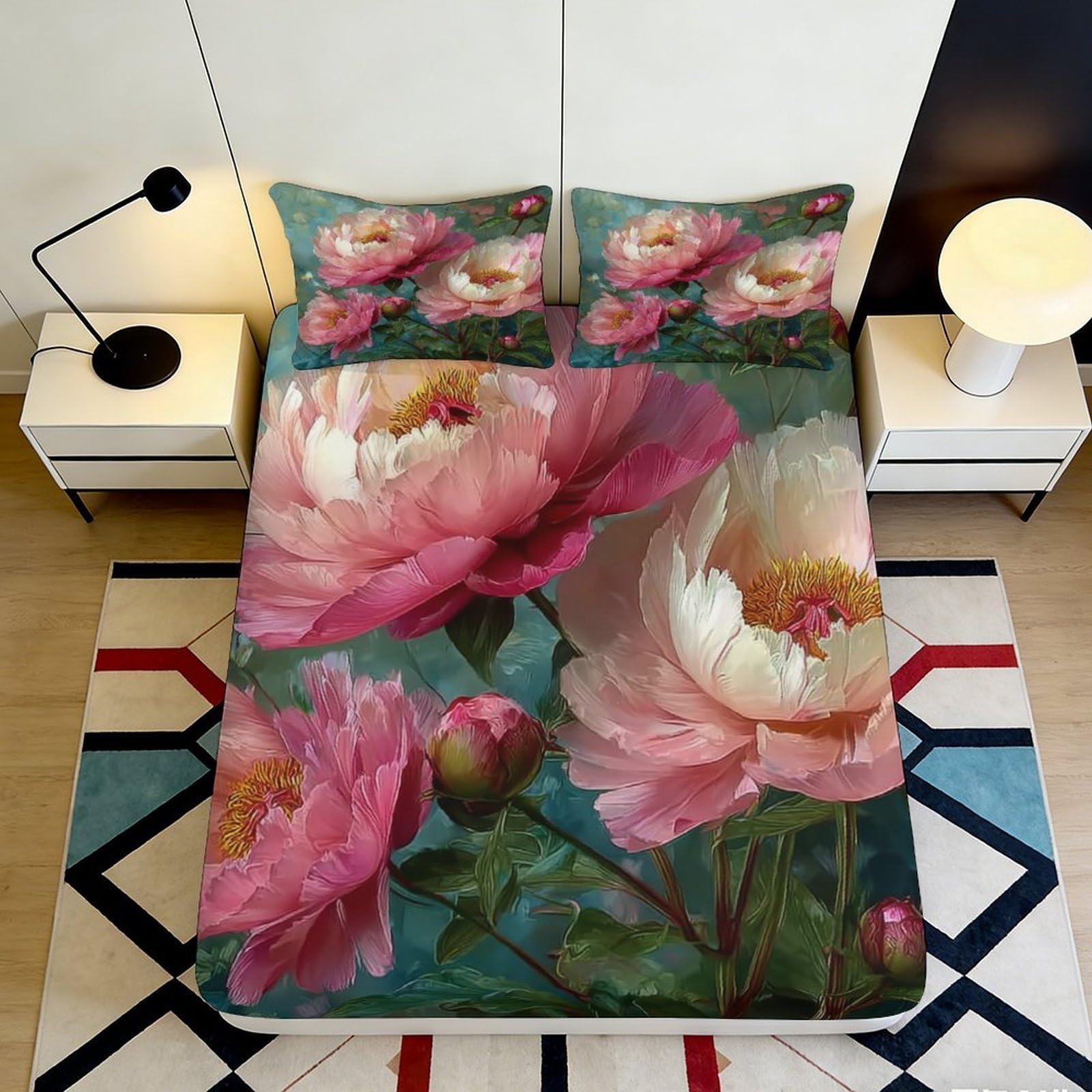 Pnayamiorkfel Style-3 3D Printed Peony Blossom Fitted Sheet Microfiber Pink Floral Bed Cover For Bedroom Guest Room Dustproof Easy Care 90X200x25cm